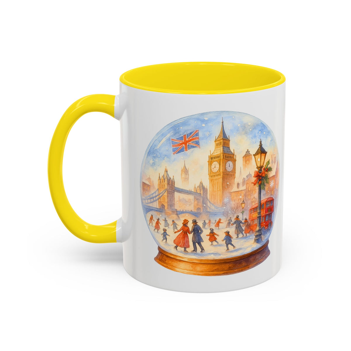 London snowglobe mug with Big Ben, Tower Bridge and red buses, photo 3