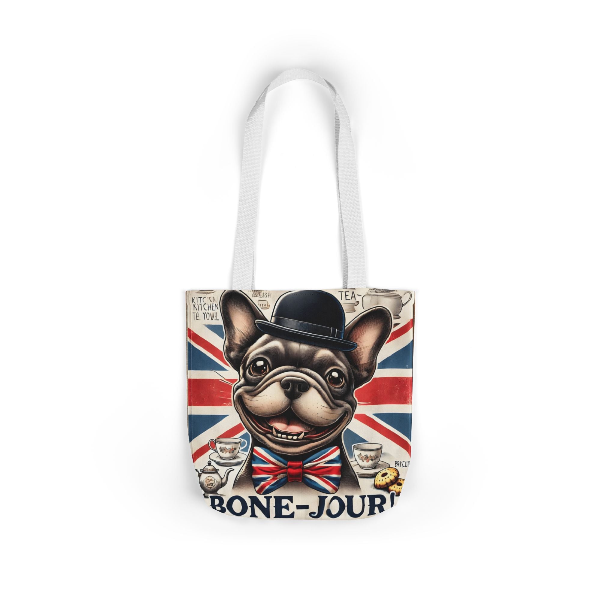 Bone-Jour Tote Bag | Union Jack Frenchie Bag | Fun Dog Mum Gift | Reusable Shopping Bag | French Bulldog Shoulder Bag, Dog Lover Gift
