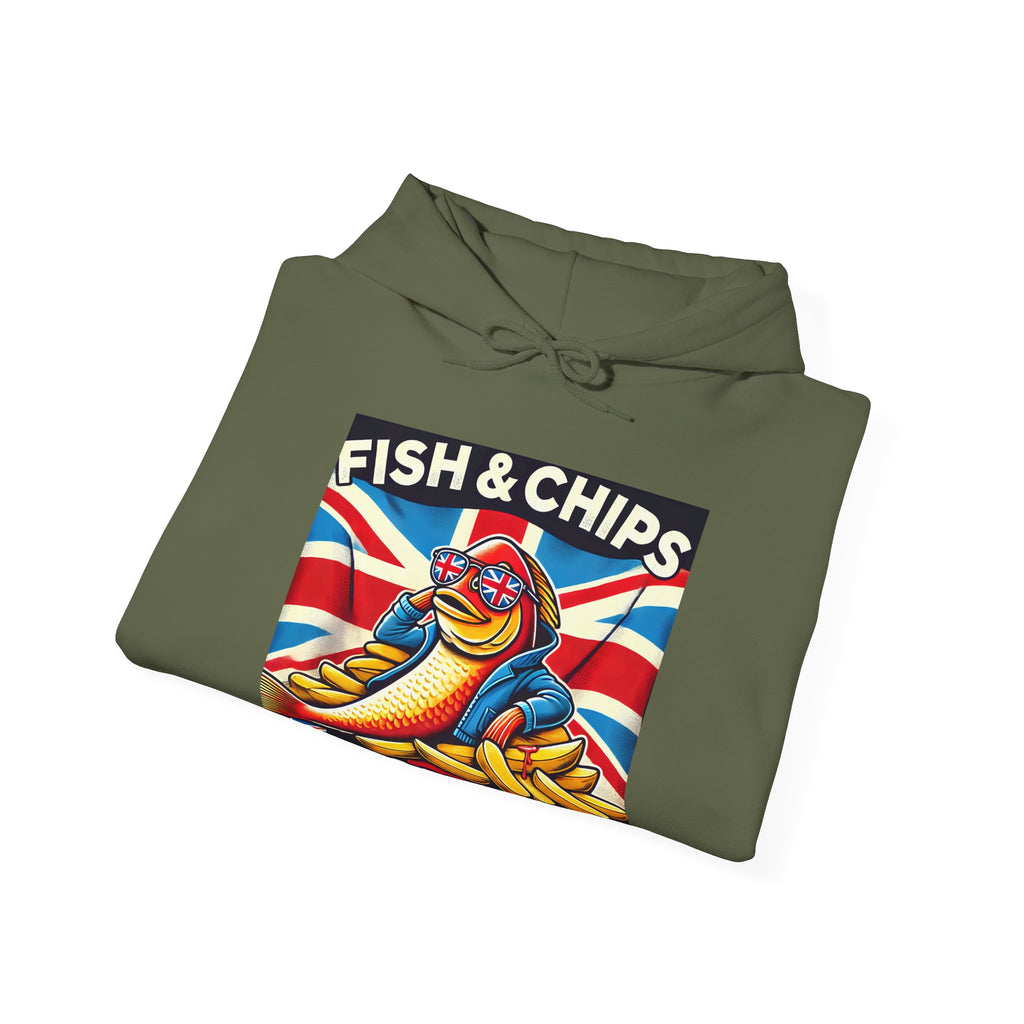 Fish & Chips n Chill Hoodie | Funny British Foodie Sweatshirt | Cozy Stylish UK Banter Wear | Gift for Food Lovers and Chippy Fans