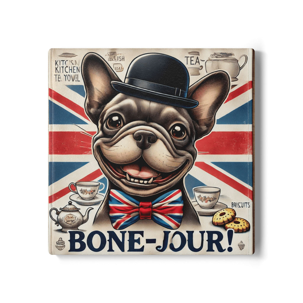 Bone-Jour Funny French Bulldog Coaster | British Dog Lover Gift | Union Jack Tea & Coffee Coaster | Unique Home Decor Pet Lover Gift