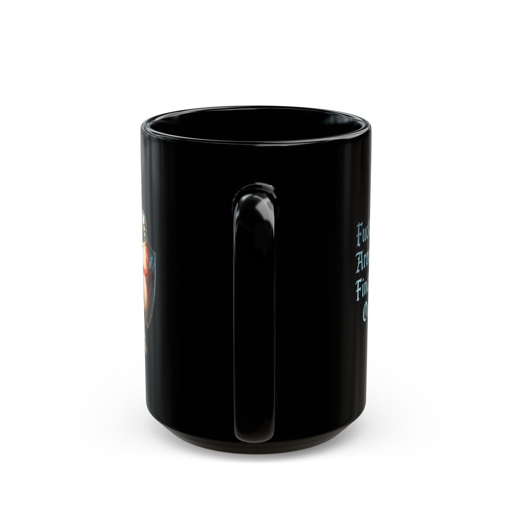 F*cketh Around, Findeth Out Black Mug | Funny FAFO Medieval Knight Coffee Cup | English Patriot Gift with St. George's Cross Unique Design