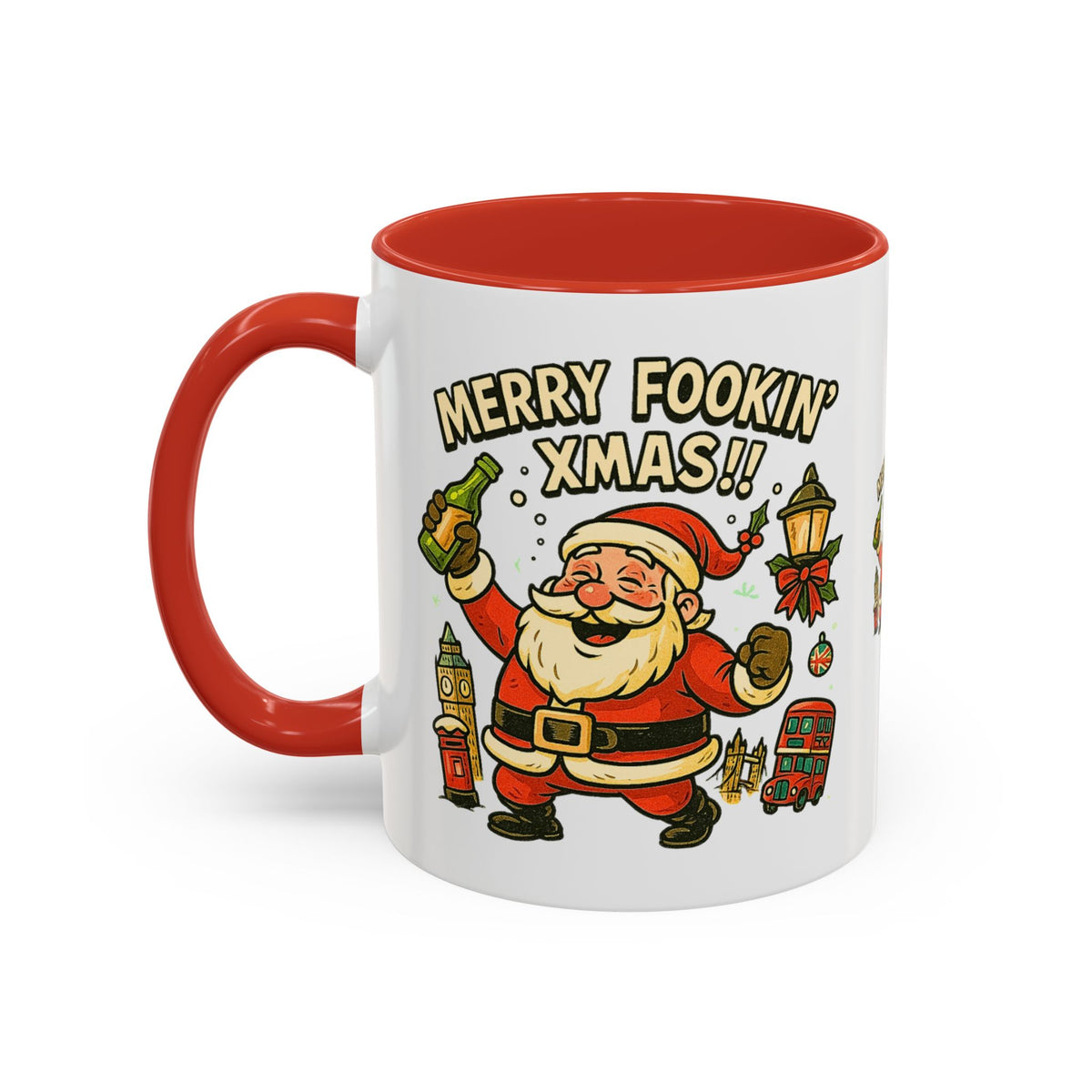 Merry Fookin' Xmas drunk Santa mug with Big Ben and a red bus