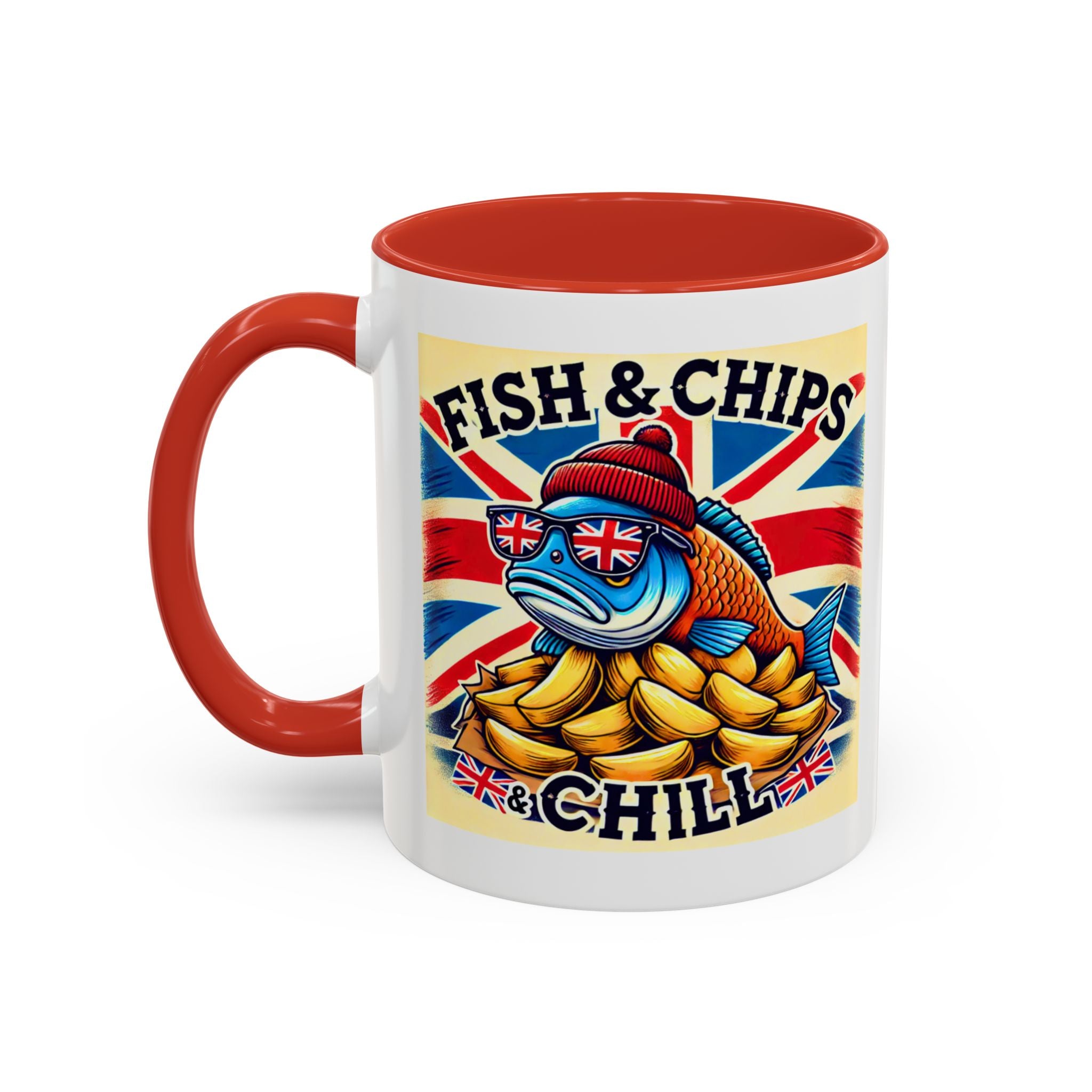 Fish & Chips n Chill Mug | Funny British Coffee Cup | Foodie Gift | Quirky UK Tea Mug | Accent Coffee Cup for Home or Office