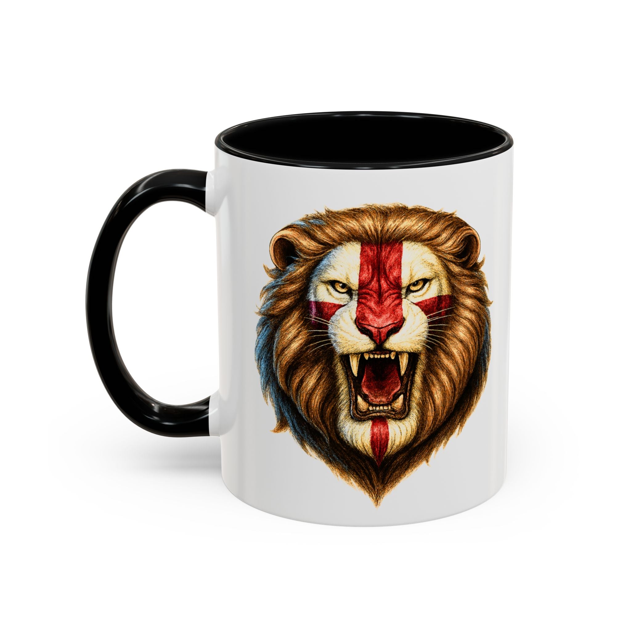 Roaring English Lion Accent Mug | St. George's Cross Patriotic Coffee Cup | Funny Medieval England Gift in Glossy Finish