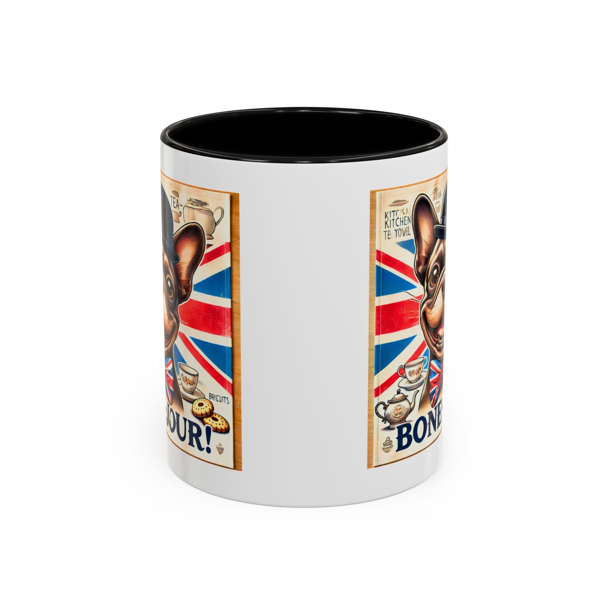 Bone-Jour Frenchie Mug | Funny Dog Lover Accent Coffee Cup | Cute French Bulldog Gift | Whimsical Patriotic Tea Mug | British Kitchen Decor