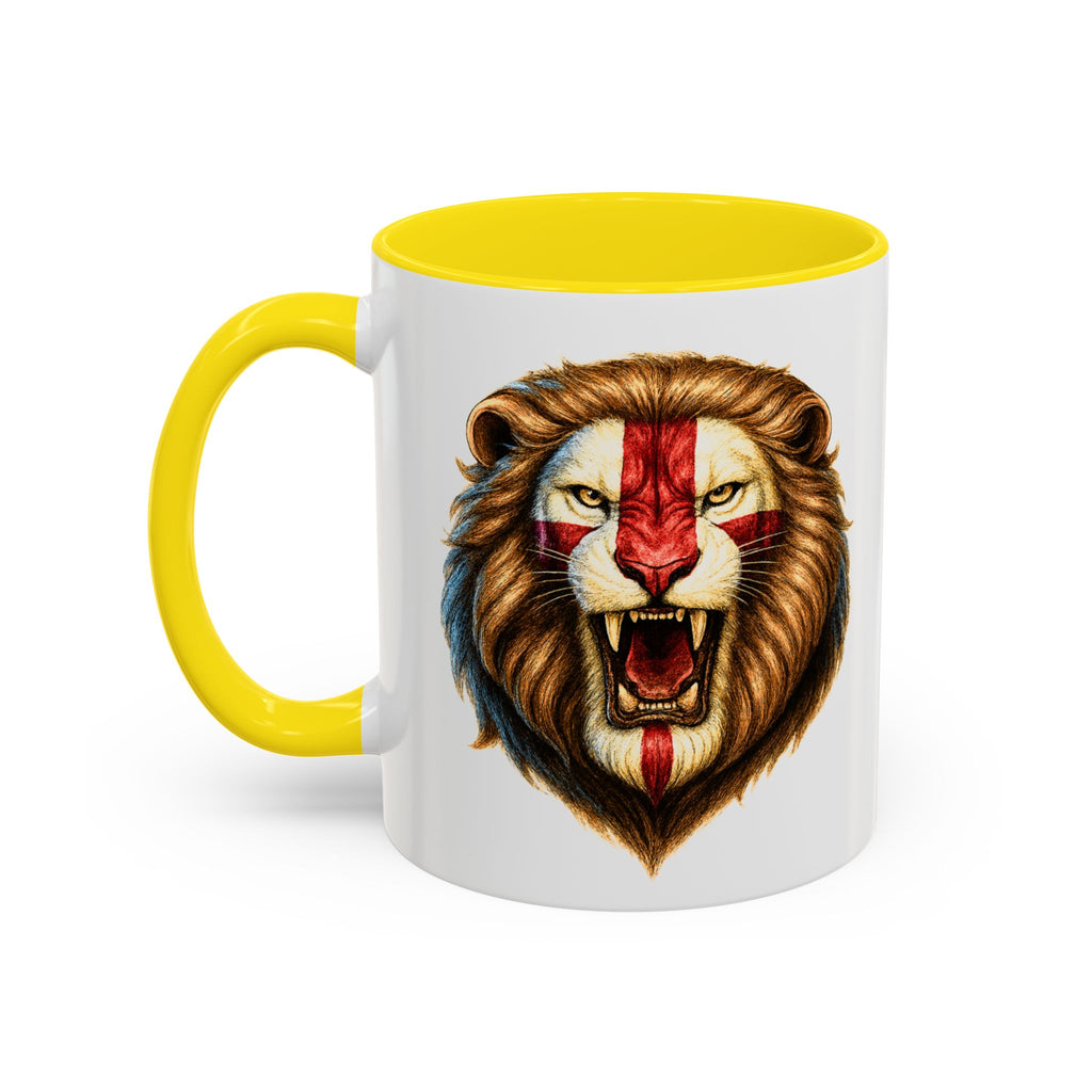 Roaring English Lion Accent Mug | St. George's Cross Patriotic Coffee Cup | Funny Medieval England Gift in Glossy Finish