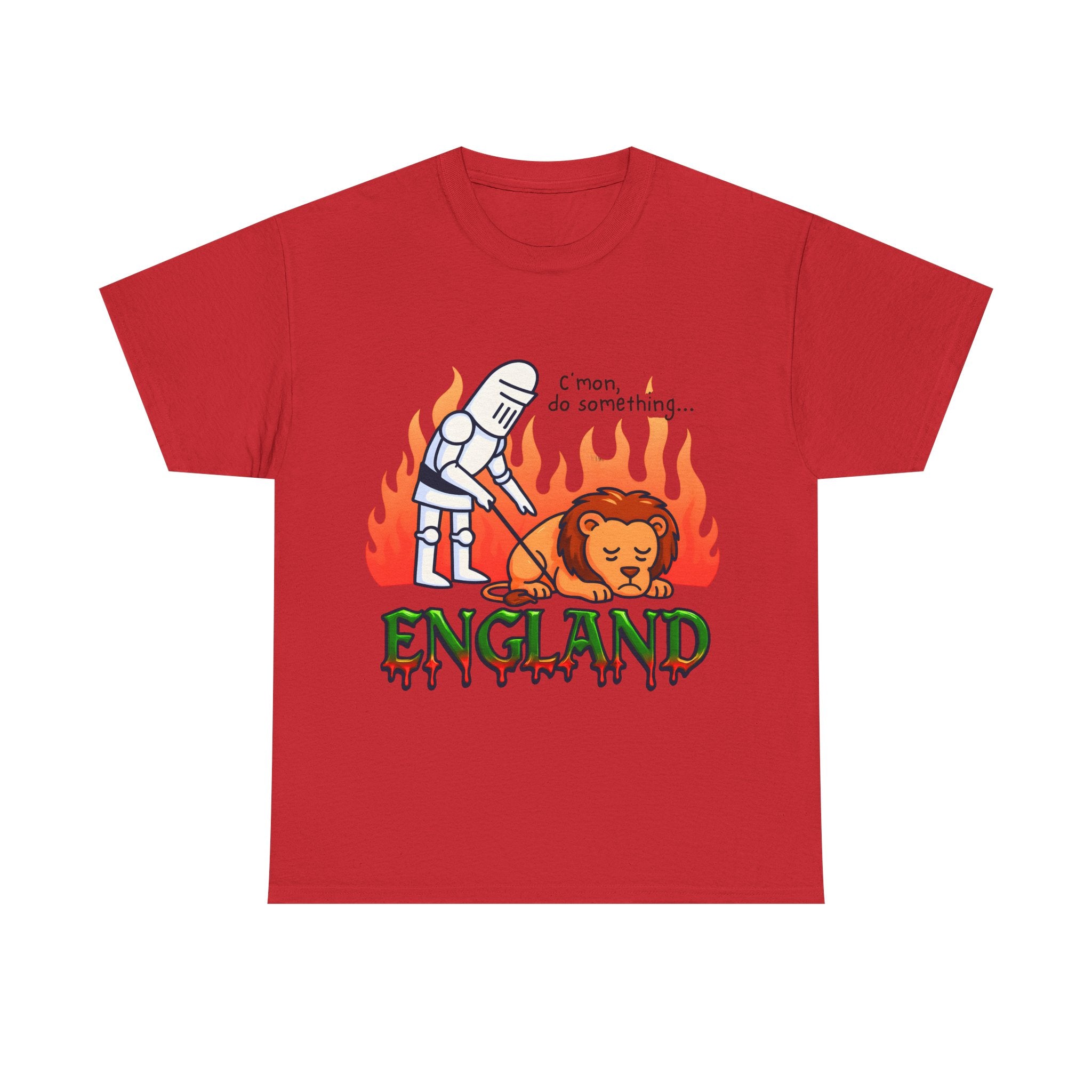 C'mon Do Something Funny England Meme T-Shirt | Unisex Heavy Cotton Tee | Sad Lion & Knight Cartoon National Pride Shirt | England T-shirt