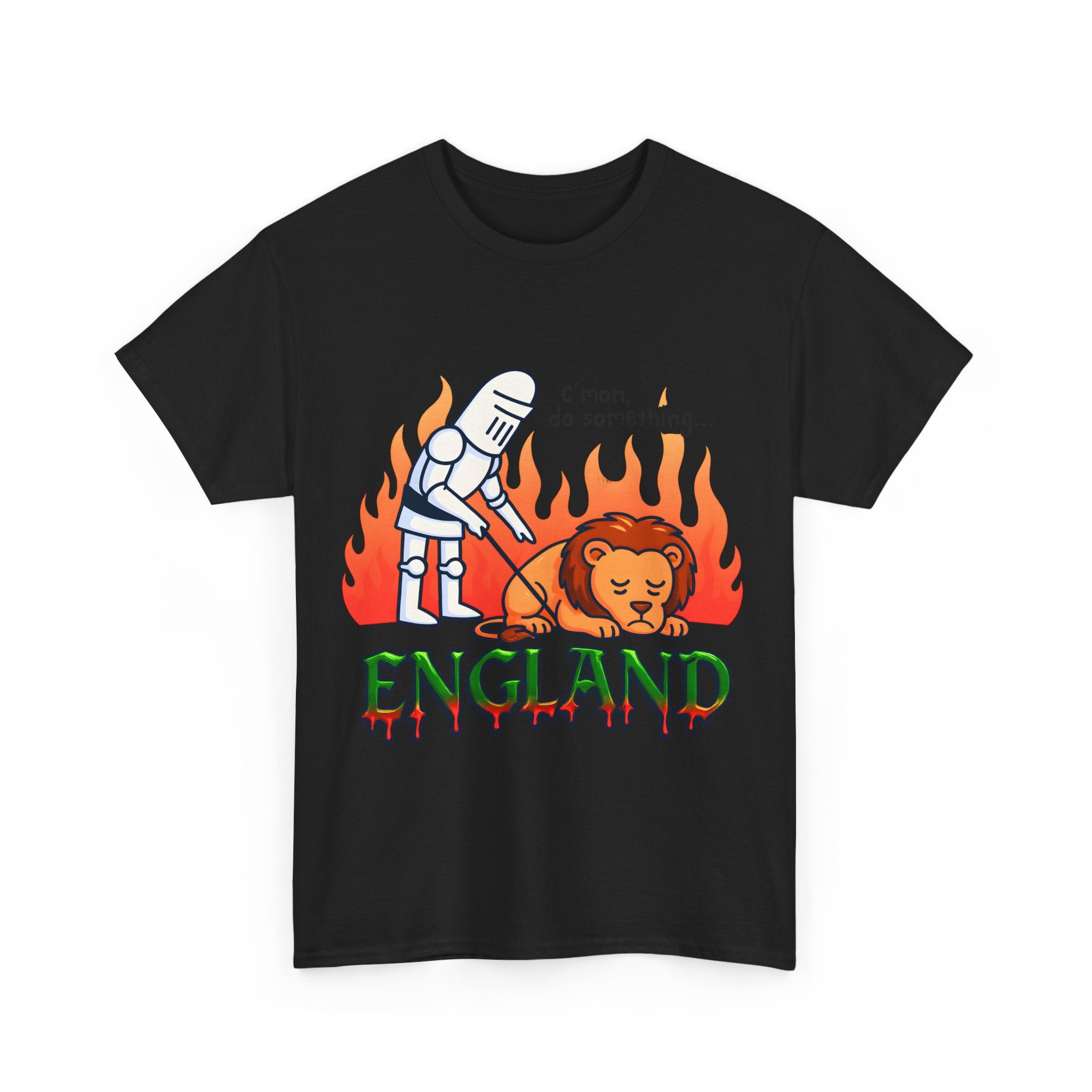 C'mon Do Something Funny England Meme T-Shirt | Unisex Heavy Cotton Tee | Sad Lion & Knight Cartoon National Pride Shirt | England T-shirt