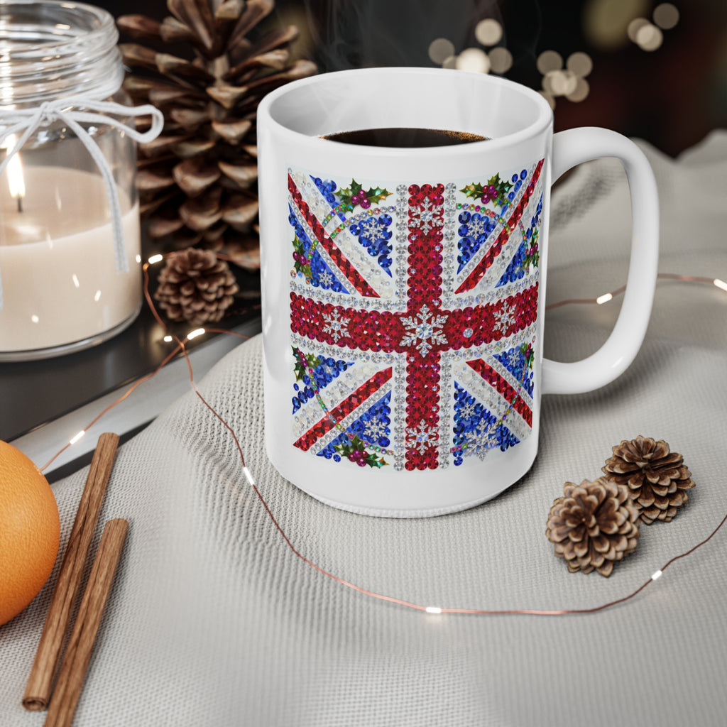 Jewelled Union Jack Christmas mug with gemstone-style flag and holly, photo 10