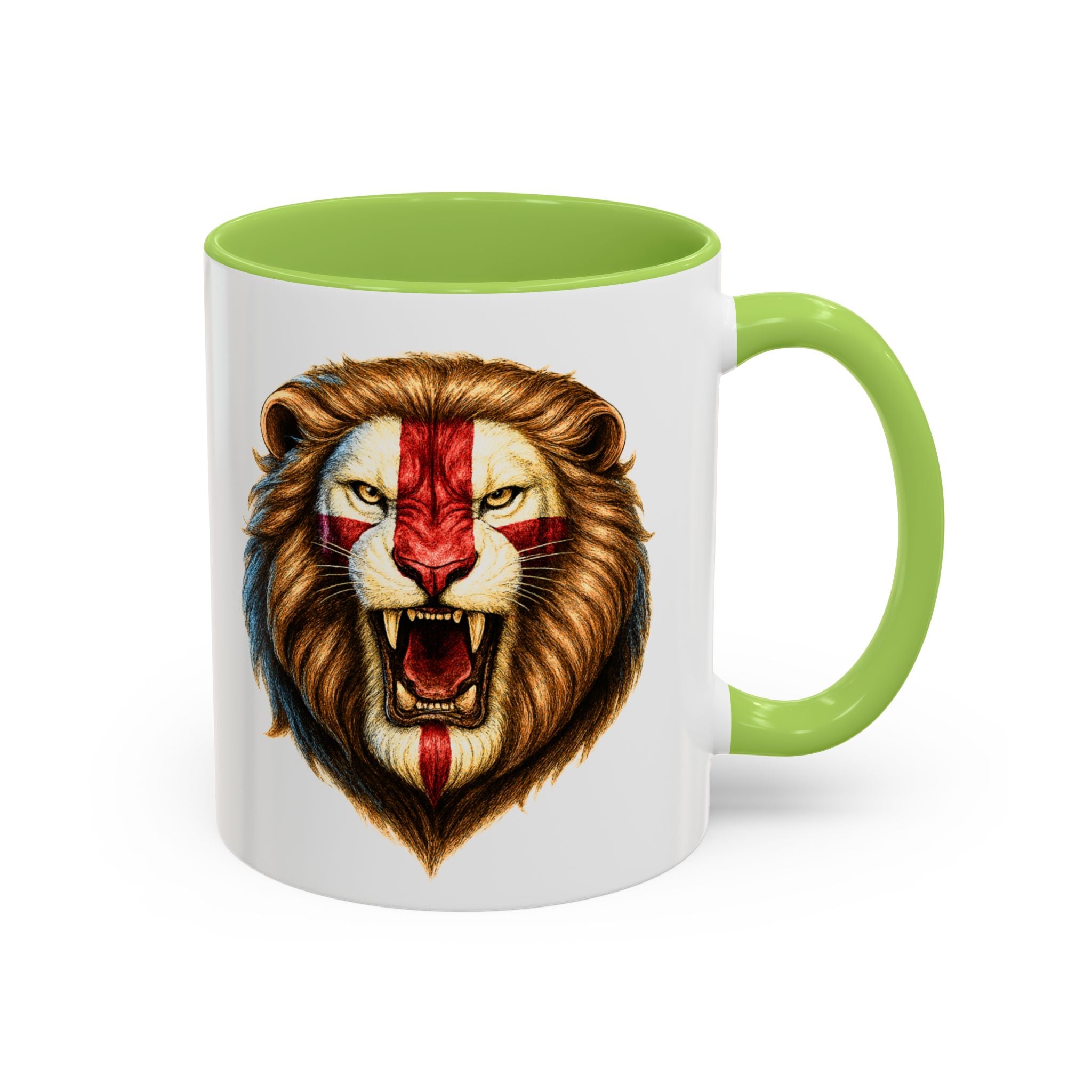 Roaring English Lion Accent Mug | St. George's Cross Patriotic Coffee Cup | Funny Medieval England Gift in Glossy Finish