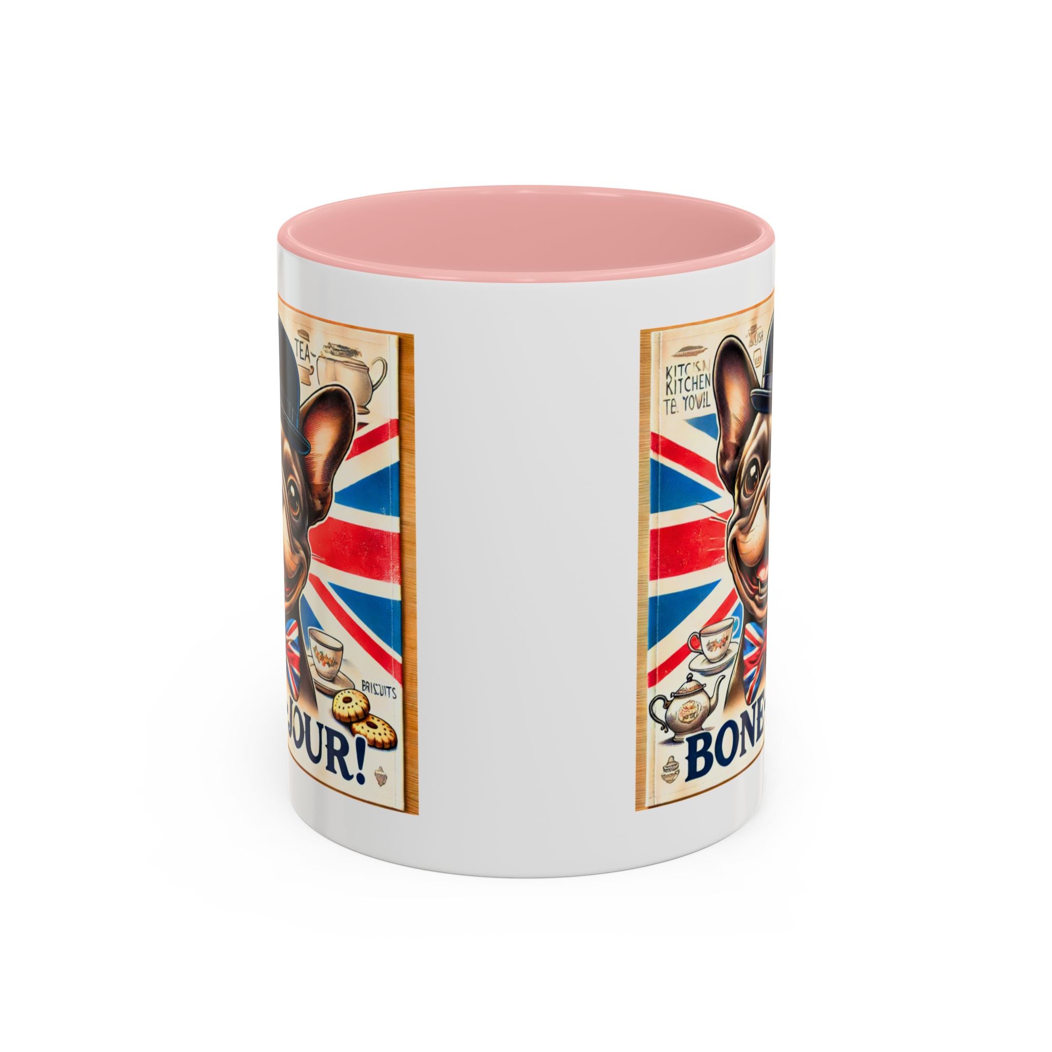 Bone-Jour Frenchie Mug | Funny Dog Lover Accent Coffee Cup | Cute French Bulldog Gift | Whimsical Patriotic Tea Mug | British Kitchen Decor