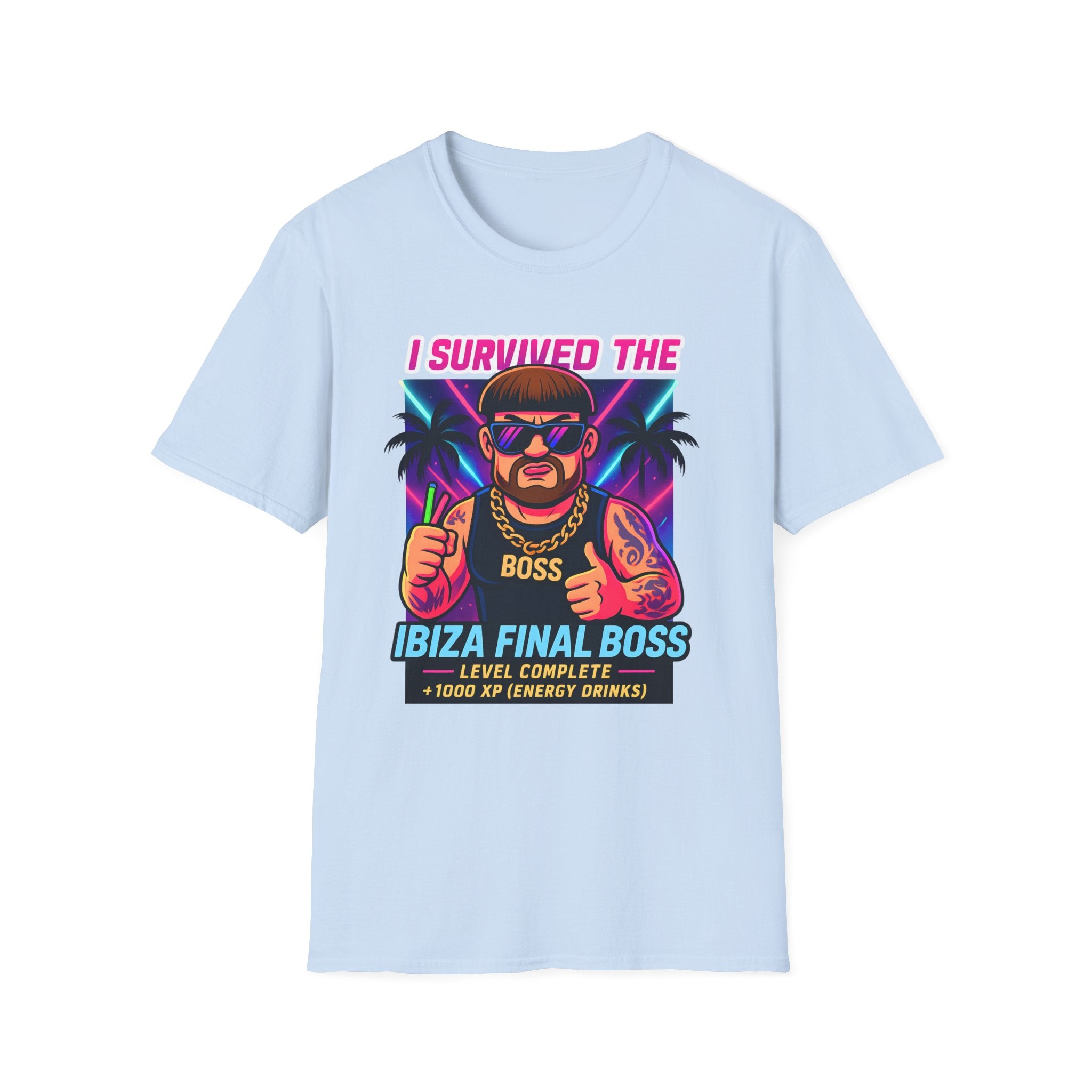 I Survived the Ibiza Final Boss T-Shirt | Funny UK Summer Meme Tee | British Pop Culture Rave Shirt | Festival Uni Gift Retro Party Tee