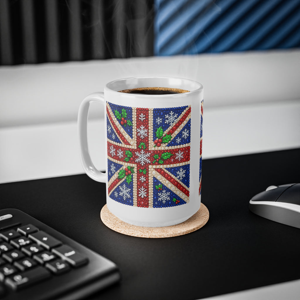 Rhinestone-style Union Jack Christmas mug with snowflakes, photo 7