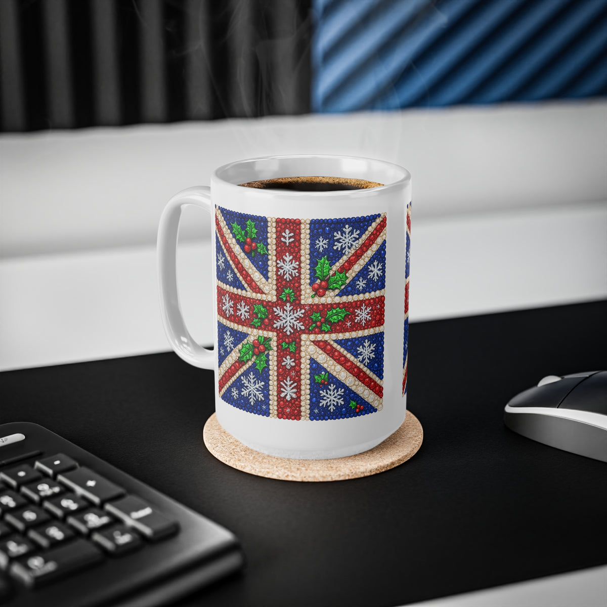 Rhinestone-style Union Jack Christmas mug with snowflakes, photo 7