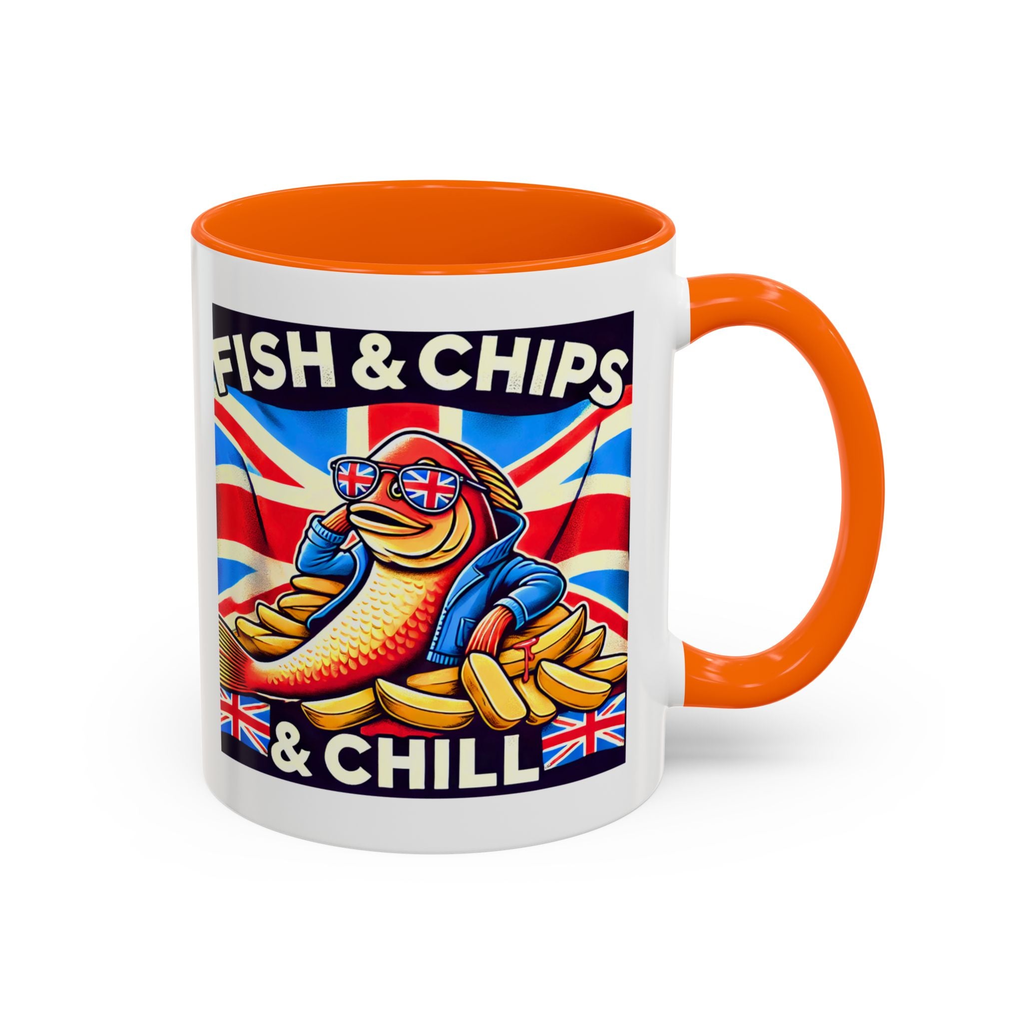 Fish & Chips n Chill Mug | Funny British Coffee Cup | Foodie Gift | Quirky UK Tea Mug | Accent Coffee Cup for Home or Office