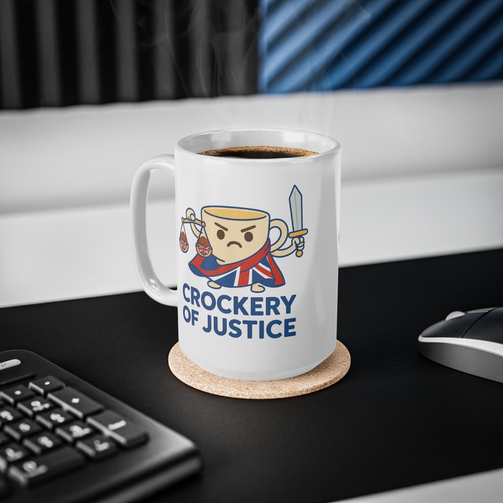 Crockery of Justice Mug | Funny Union Jack Cup with Scales & Sword | Quirky British Tea Humour Cup | UK Patriot Gift