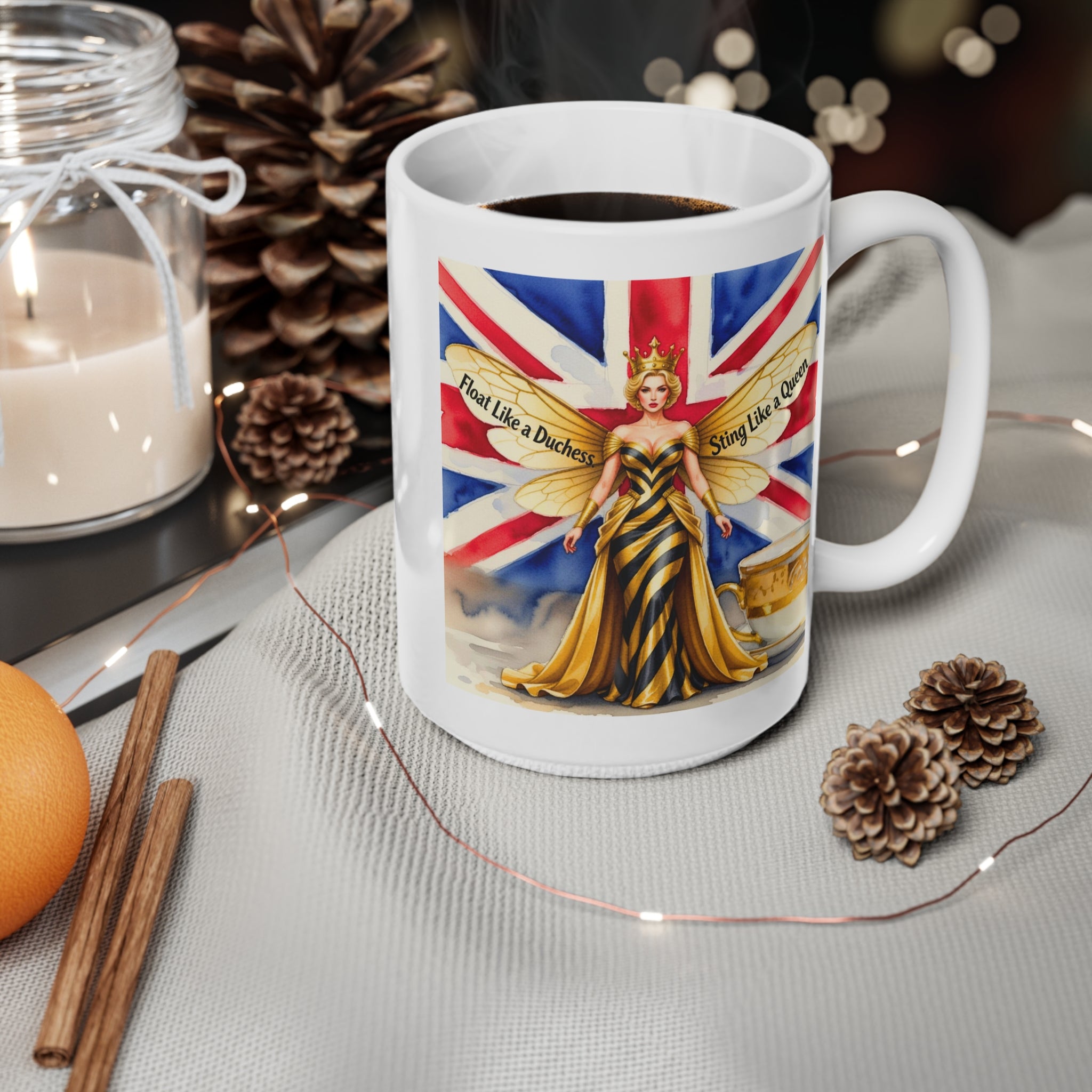 Float Like A Duchess, Sting Like A Bee Cup | Union Jack Royal Bee Feminist Mug