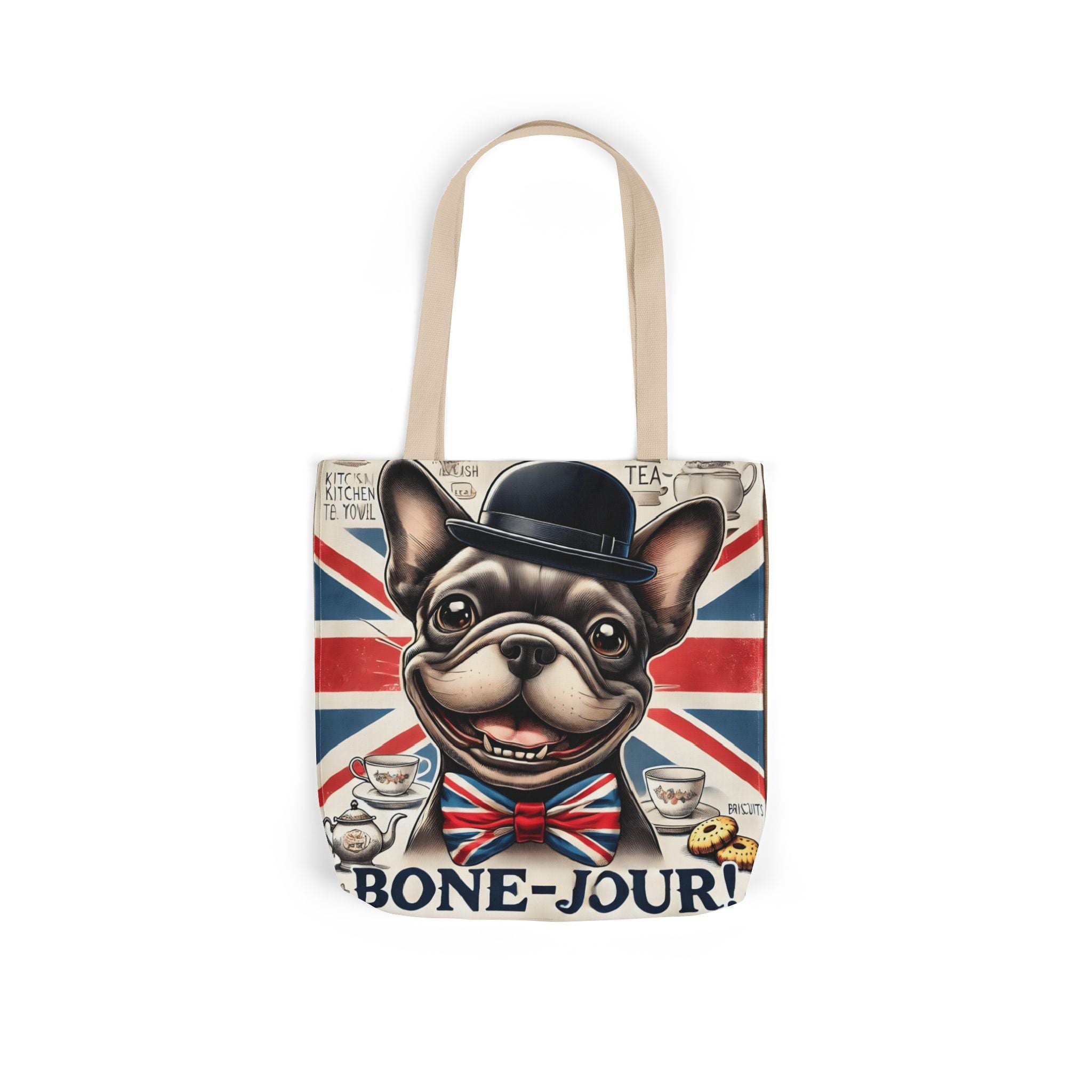 Bone-Jour Tote Bag | Union Jack Frenchie Bag | Fun Dog Mum Gift | Reusable Shopping Bag | French Bulldog Shoulder Bag, Dog Lover Gift