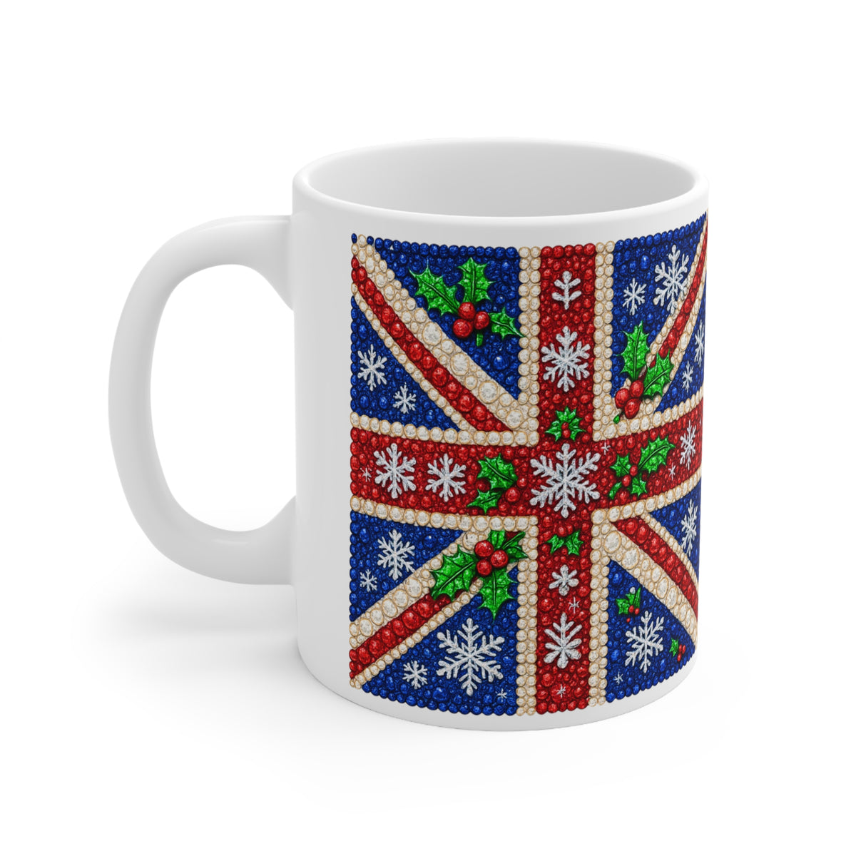 Rhinestone-style Union Jack Christmas mug with snowflakes, photo 2