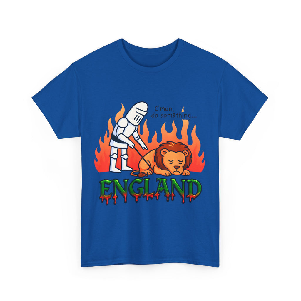 C'mon Do Something Funny England Meme T-Shirt | Unisex Heavy Cotton Tee | Sad Lion & Knight Cartoon National Pride Shirt | England T-shirt