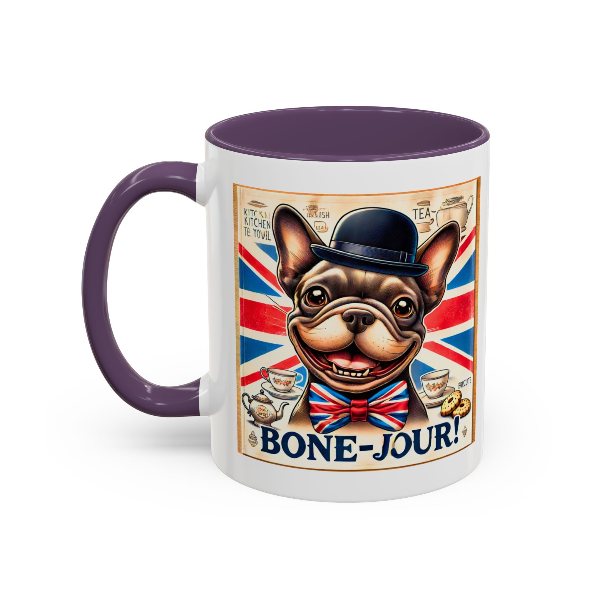 Bone-Jour Frenchie Mug | Funny Dog Lover Accent Coffee Cup | Cute French Bulldog Gift | Whimsical Patriotic Tea Mug | British Kitchen Decor