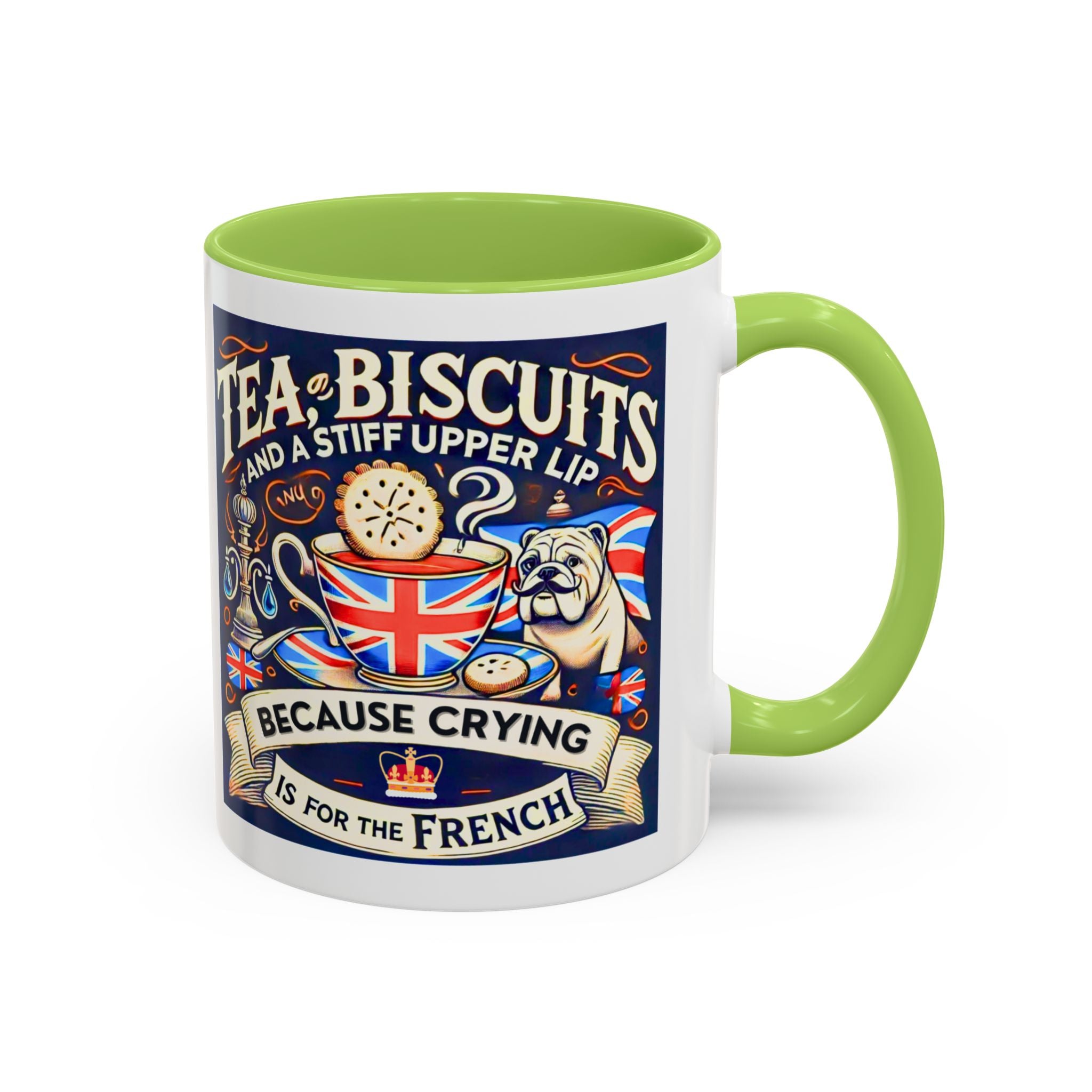 Crying Is for the French Mug | Funny British Humor Cup | Tea and Biscuits UK Banter Gift | 11oz Tea & Coffee Mug | Patriotic Dog Mug