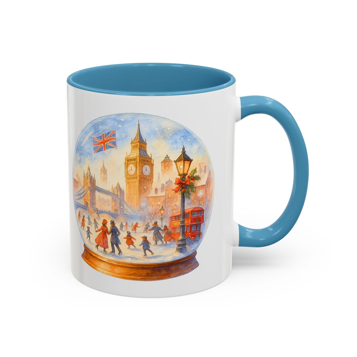 London snowglobe mug with Big Ben, Tower Bridge and red buses, photo 12