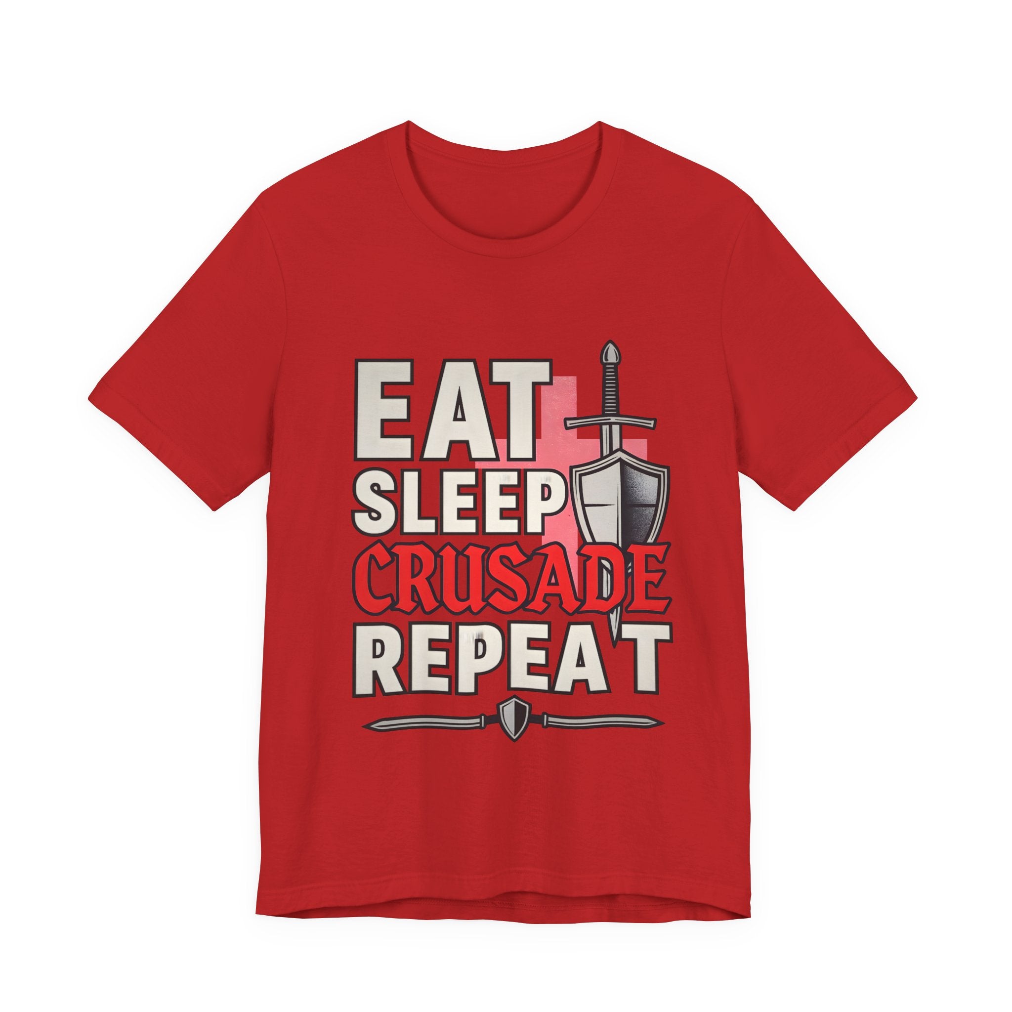 Eat Sleep Crusade Repeat T-Shirt | UK Patriot Medieval Sword & Shield Design | English National Pride Tee