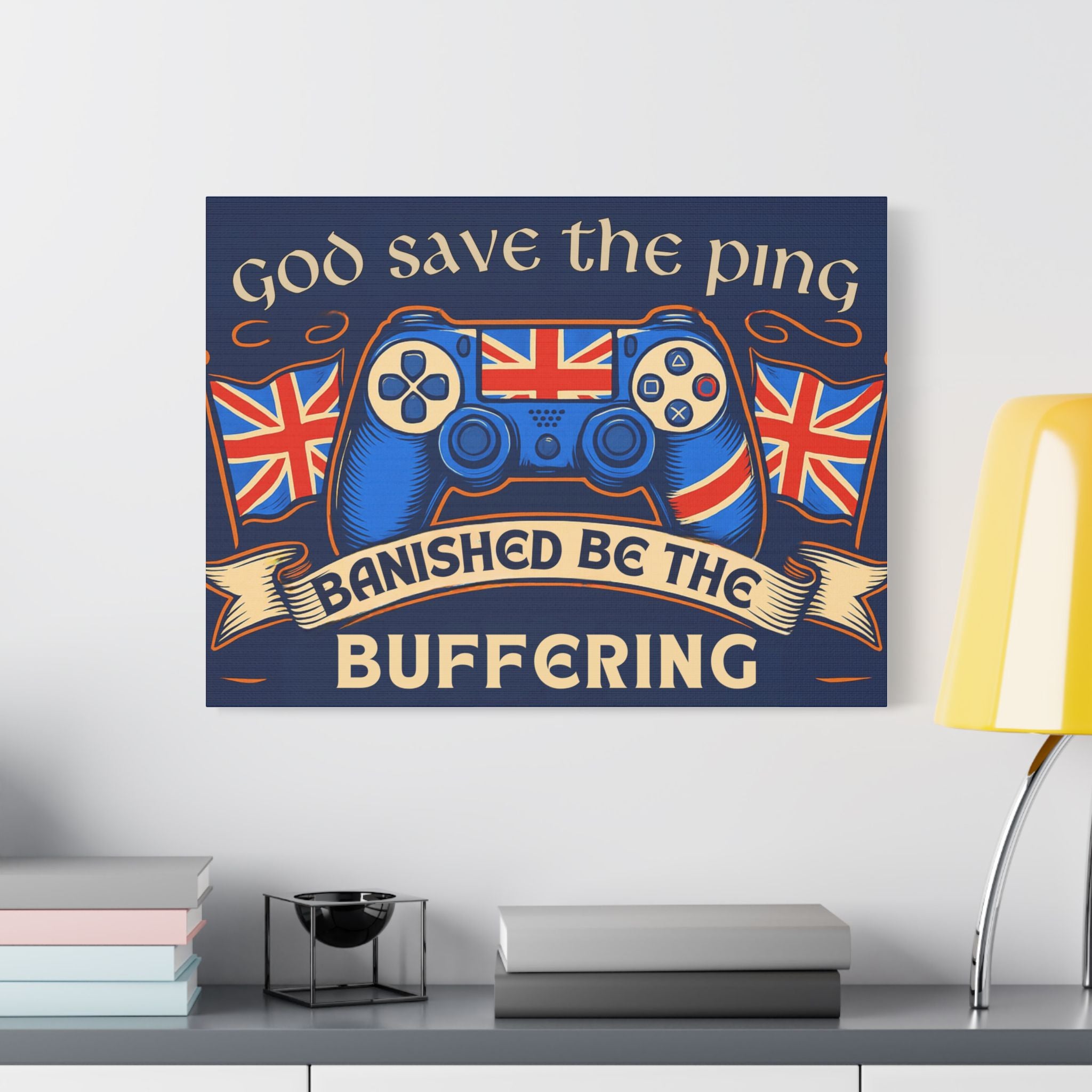 God Save the Ping - Funny Gaming Canvas Wall Art | British Gamer Decor | Geeky Gift for Him | Gaming Wall Print