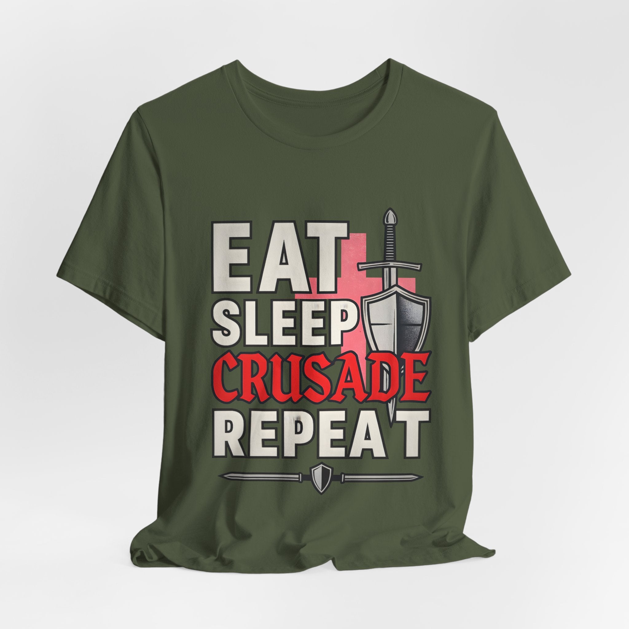 Eat Sleep Crusade Repeat T-Shirt | UK Patriot Medieval Sword & Shield Design | English National Pride Tee