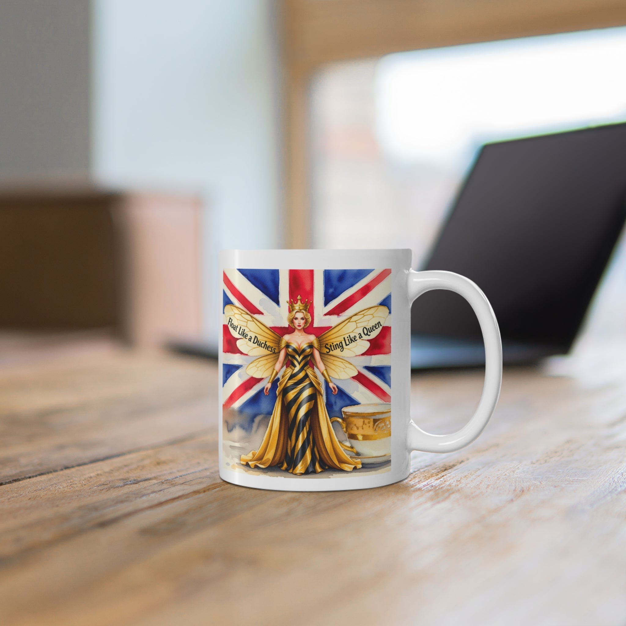 Float Like A Duchess, Sting Like A Bee Cup | Union Jack Royal Bee Feminist Mug