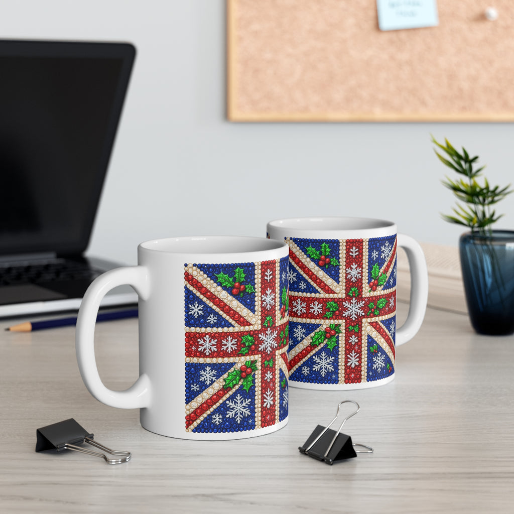 Rhinestone-style Union Jack Christmas mug with snowflakes, photo 12