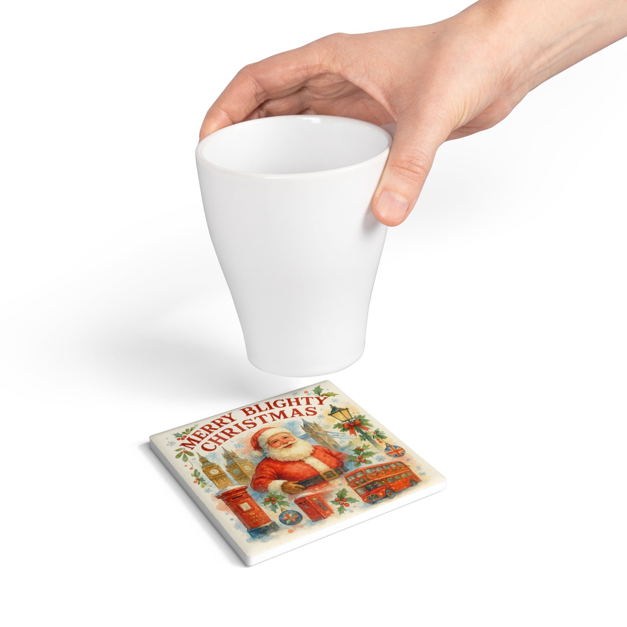 Merry Blighty Christmas Coaster | Watercolour UK Santa London Kitchen Decor Gift