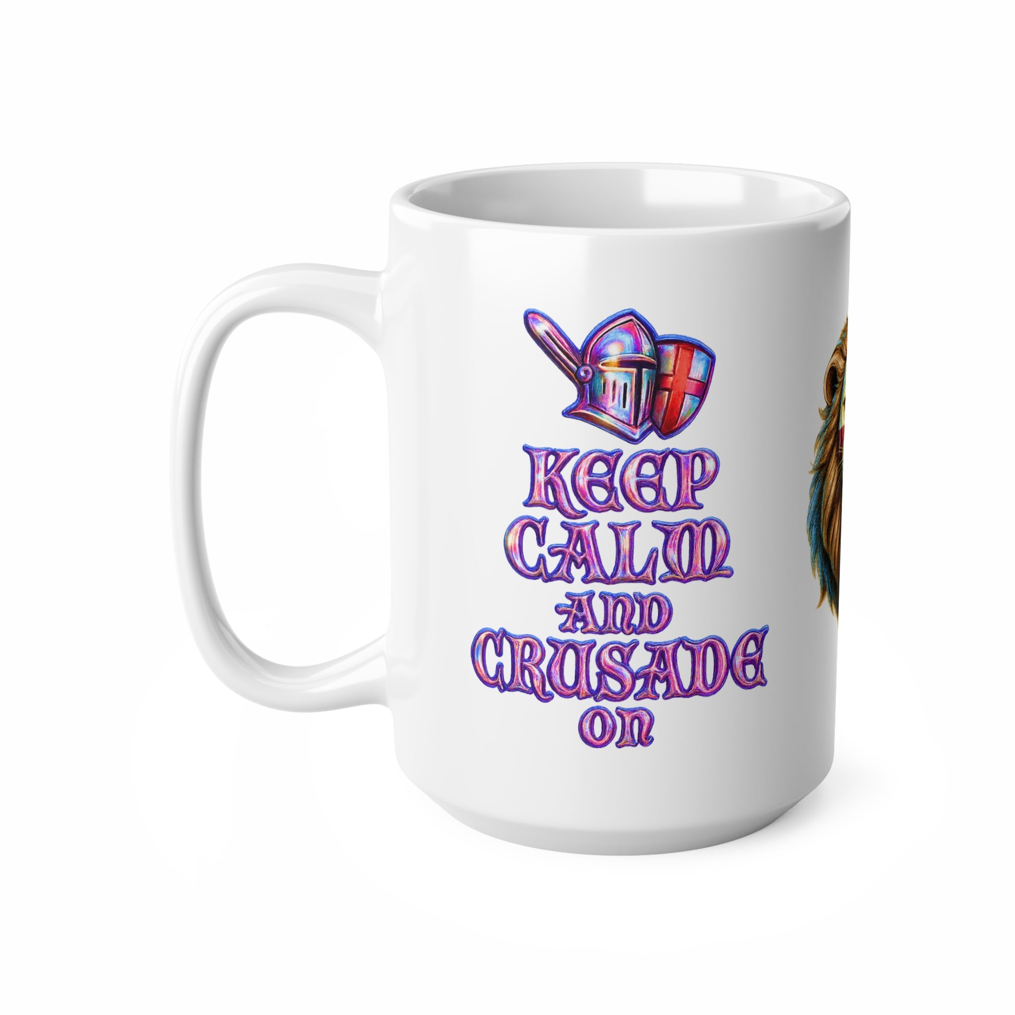 Keep Calm & Crusade On! Roaring English Lion Mug | St. George's Cross 11oz and 15oz Tea Cup | Medieval Patriot England Coffee Gift