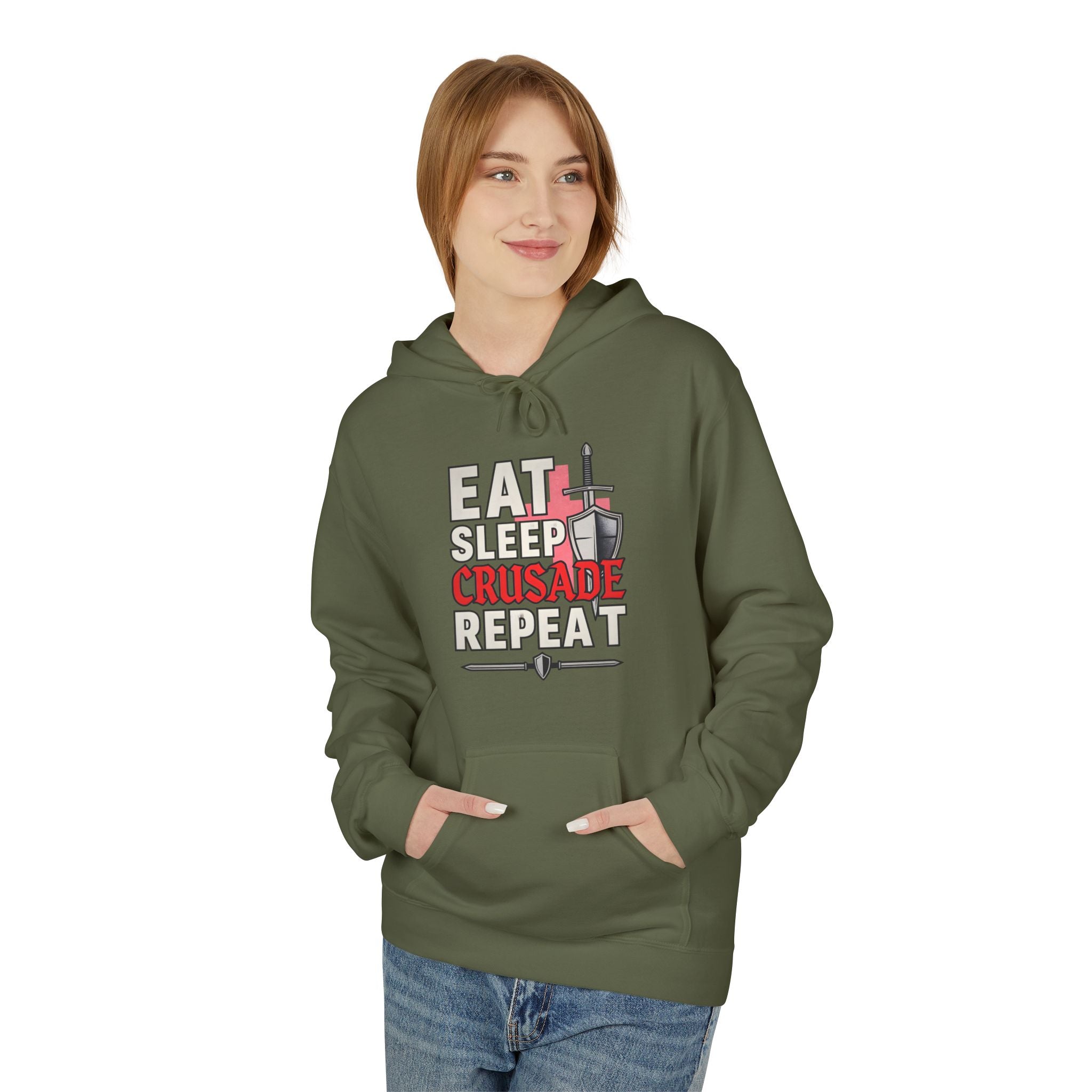 Eat Sleep Crusade Repeat Hoodie | English Patriot Medieval Shield & Sword Design | UK National Pride Jumper