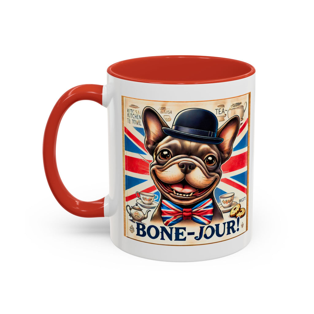Bone-Jour Frenchie Mug | Funny Dog Lover Accent Coffee Cup | Cute French Bulldog Gift | Whimsical Patriotic Tea Mug | British Kitchen Decor
