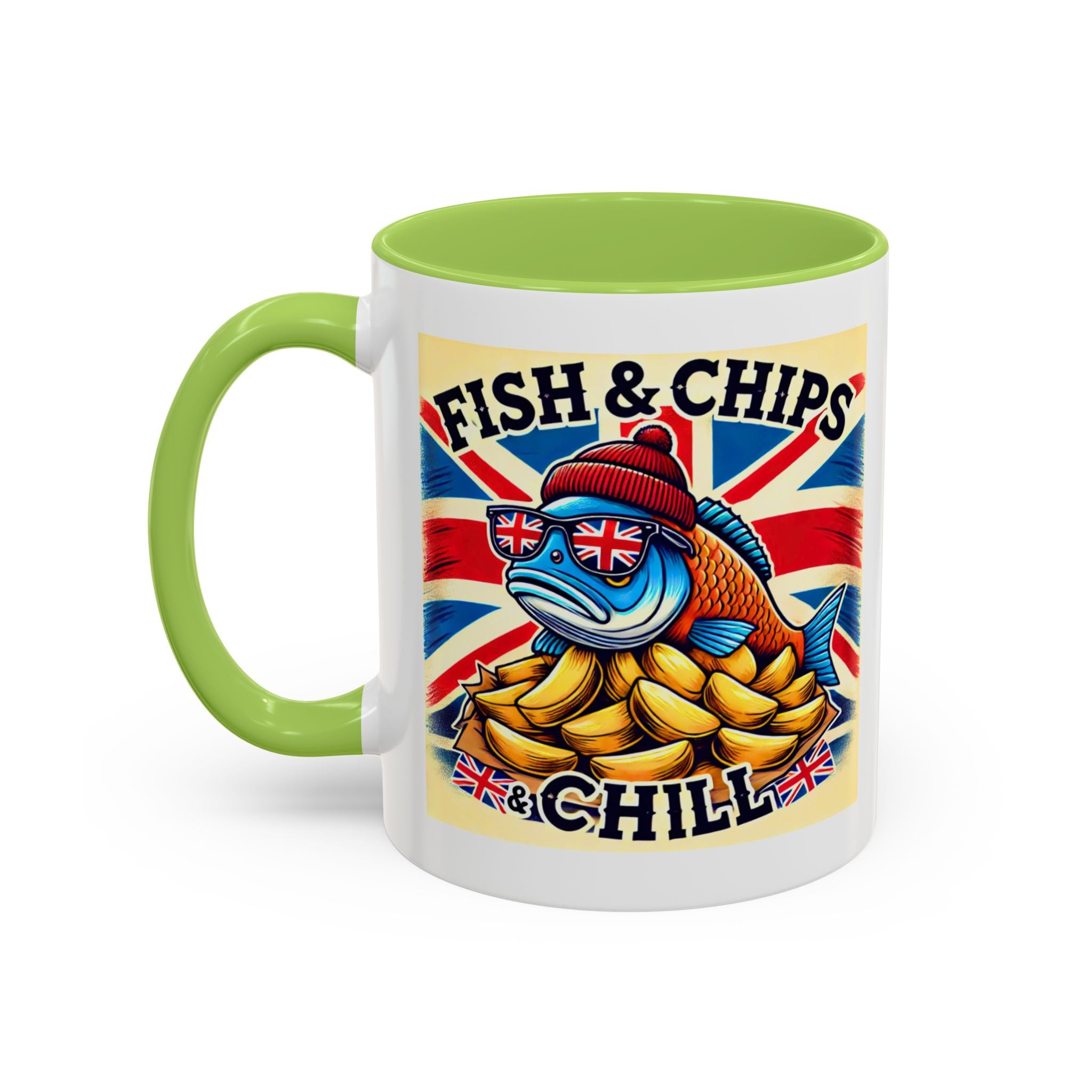 Fish & Chips n Chill Mug | Funny British Coffee Cup | Foodie Gift | Quirky UK Tea Mug | Accent Coffee Cup for Home or Office
