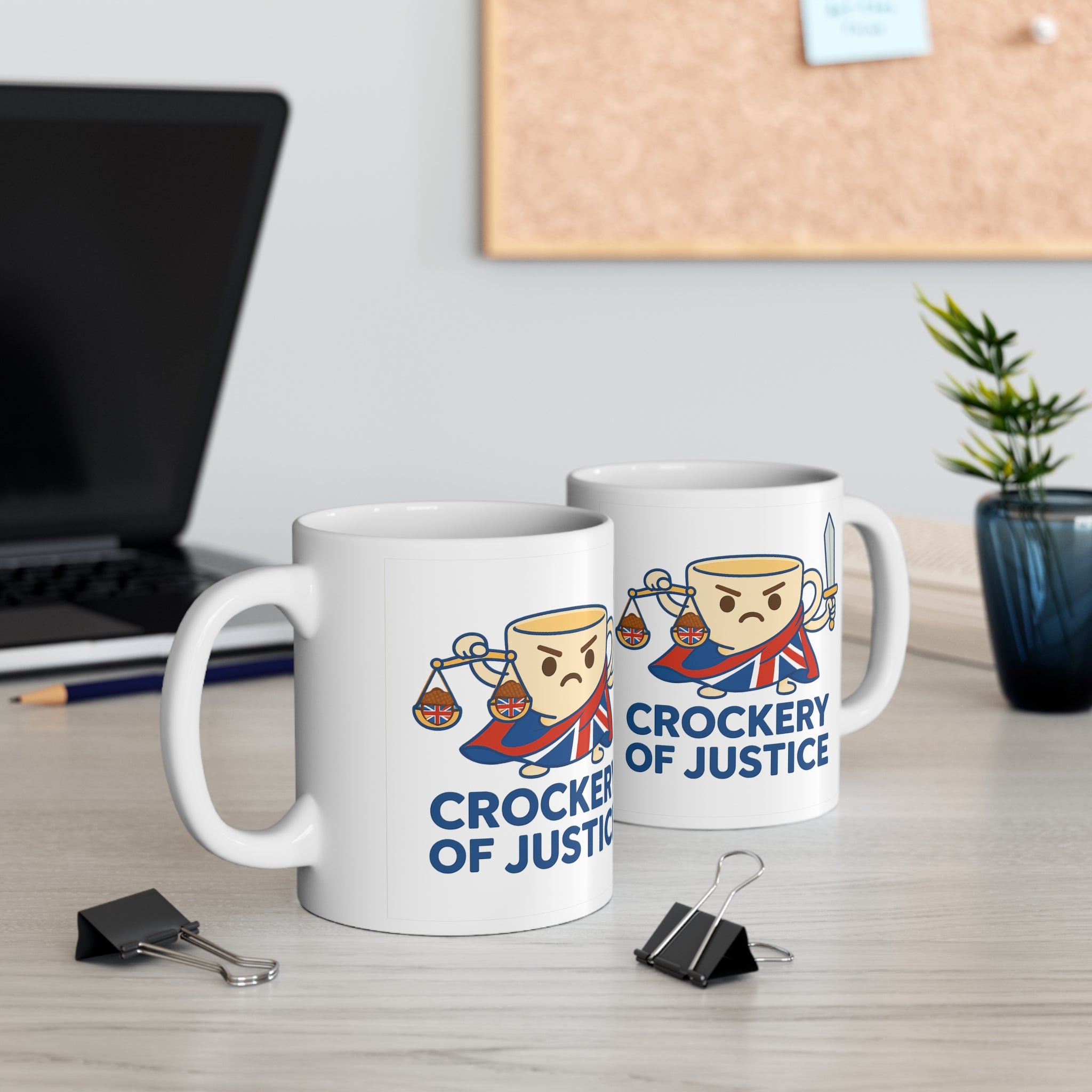 Crockery of Justice Mug | Funny Union Jack Cup with Scales & Sword | Quirky British Tea Humour Cup | UK Patriot Gift