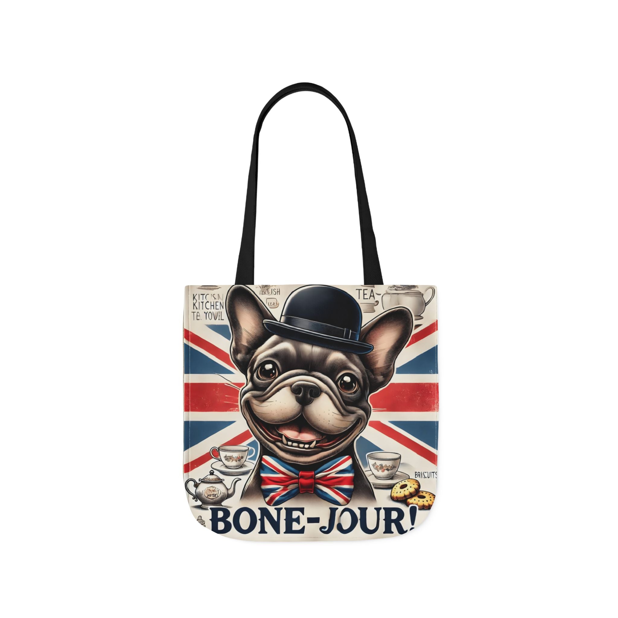 Bone-Jour Tote Bag | Union Jack Frenchie Bag | Fun Dog Mum Gift | Reusable Shopping Bag | French Bulldog Shoulder Bag, Dog Lover Gift