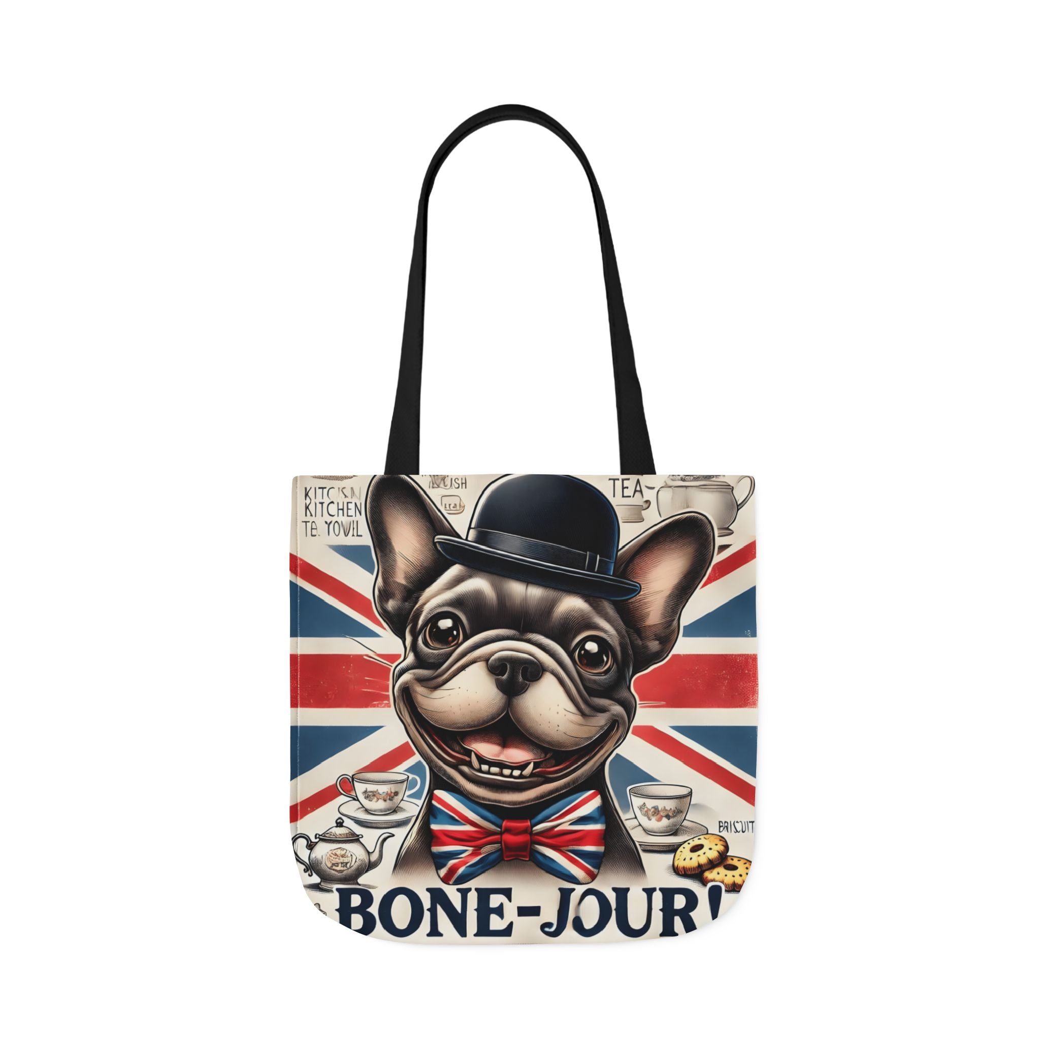 Bone-Jour Tote Bag | Union Jack Frenchie Bag | Fun Dog Mum Gift | Reusable Shopping Bag | French Bulldog Shoulder Bag, Dog Lover Gift