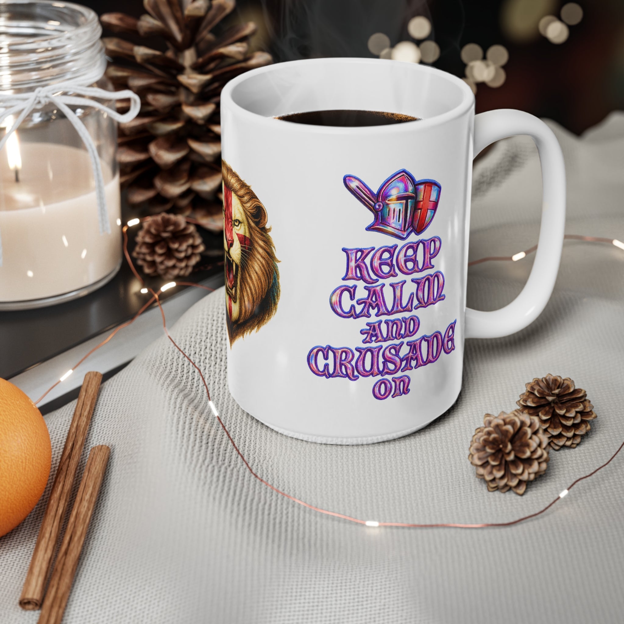 Keep Calm & Crusade On! Roaring English Lion Mug | St. George's Cross 11oz and 15oz Tea Cup | Medieval Patriot England Coffee Gift
