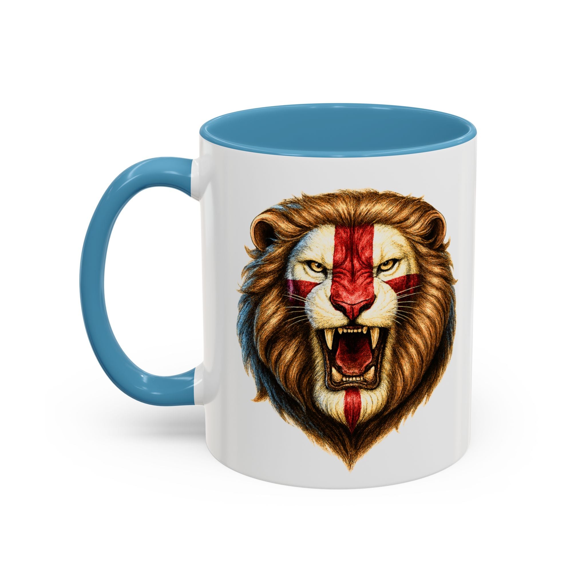 Roaring English Lion Accent Mug | St. George's Cross Patriotic Coffee Cup | Funny Medieval England Gift in Glossy Finish