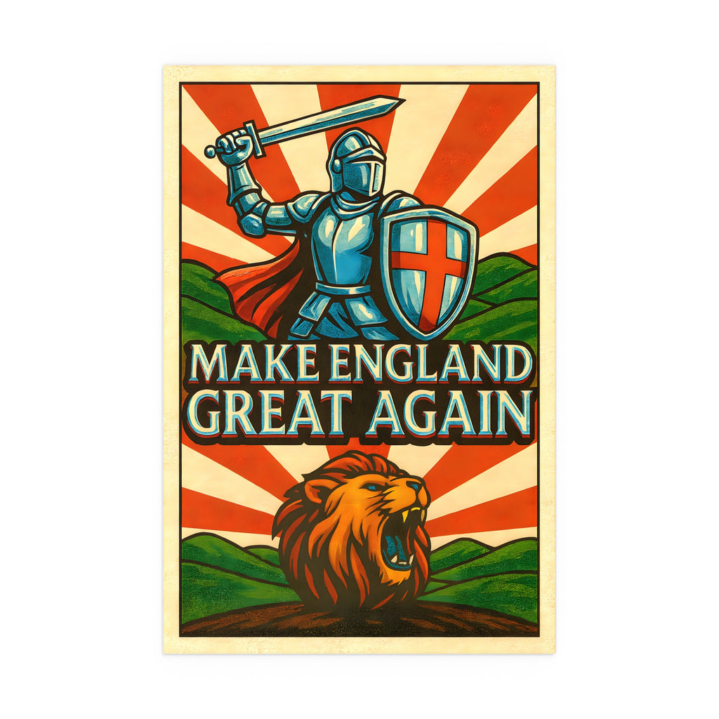 MEGA - "Make England Great Again" Poster | Majestic Lion & St. George Cross Print | English Patriot Wall Art | Medieval Countryside Decor