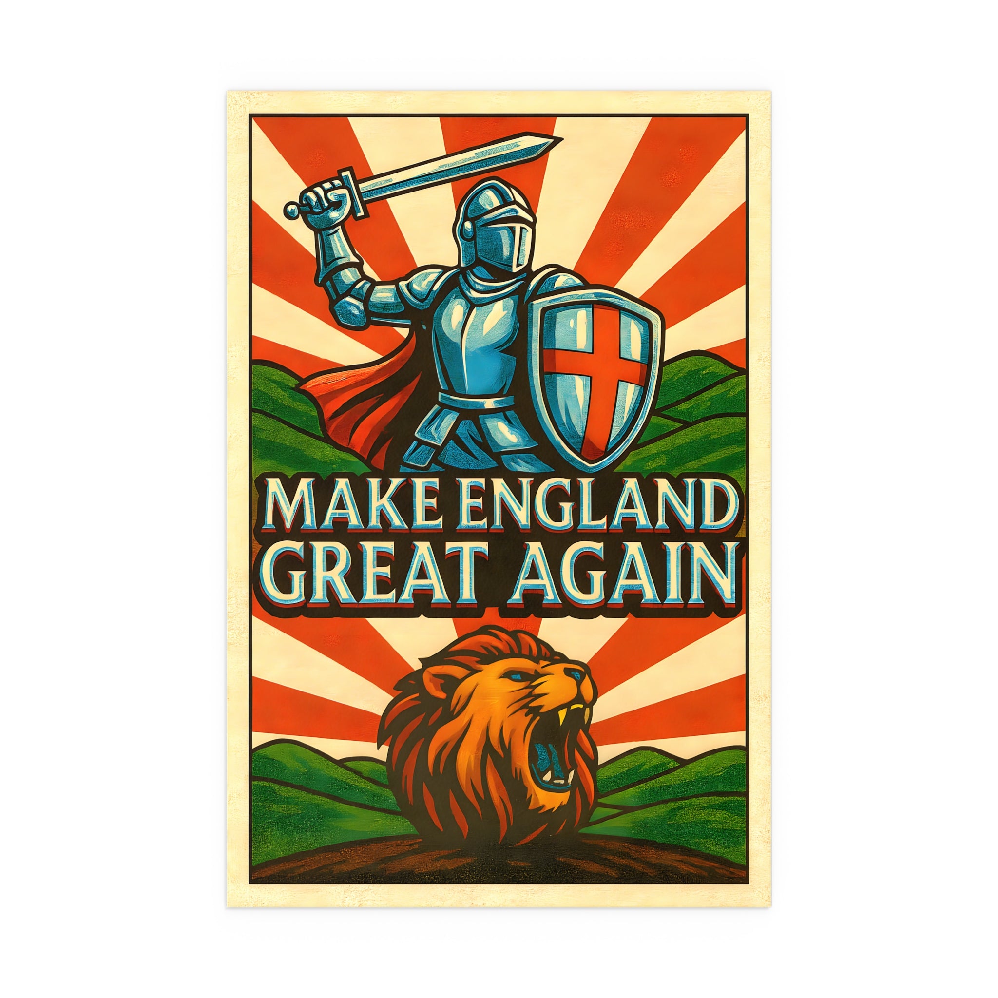 MEGA - "Make England Great Again" Poster | Majestic Lion & St. George Cross Print | English Patriot Wall Art | Medieval Countryside Decor