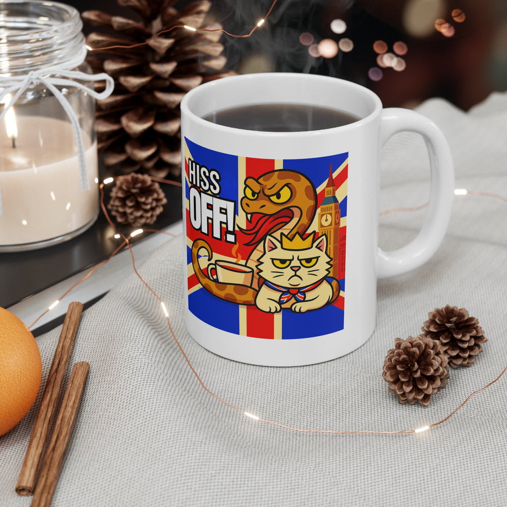 HISS OFF 11oz Mug | Funny British Snake Cat Cartoon | Union Jack Sassy Animal Gift | Snarky UK Humor Coffee Cup | Tea Lover Present