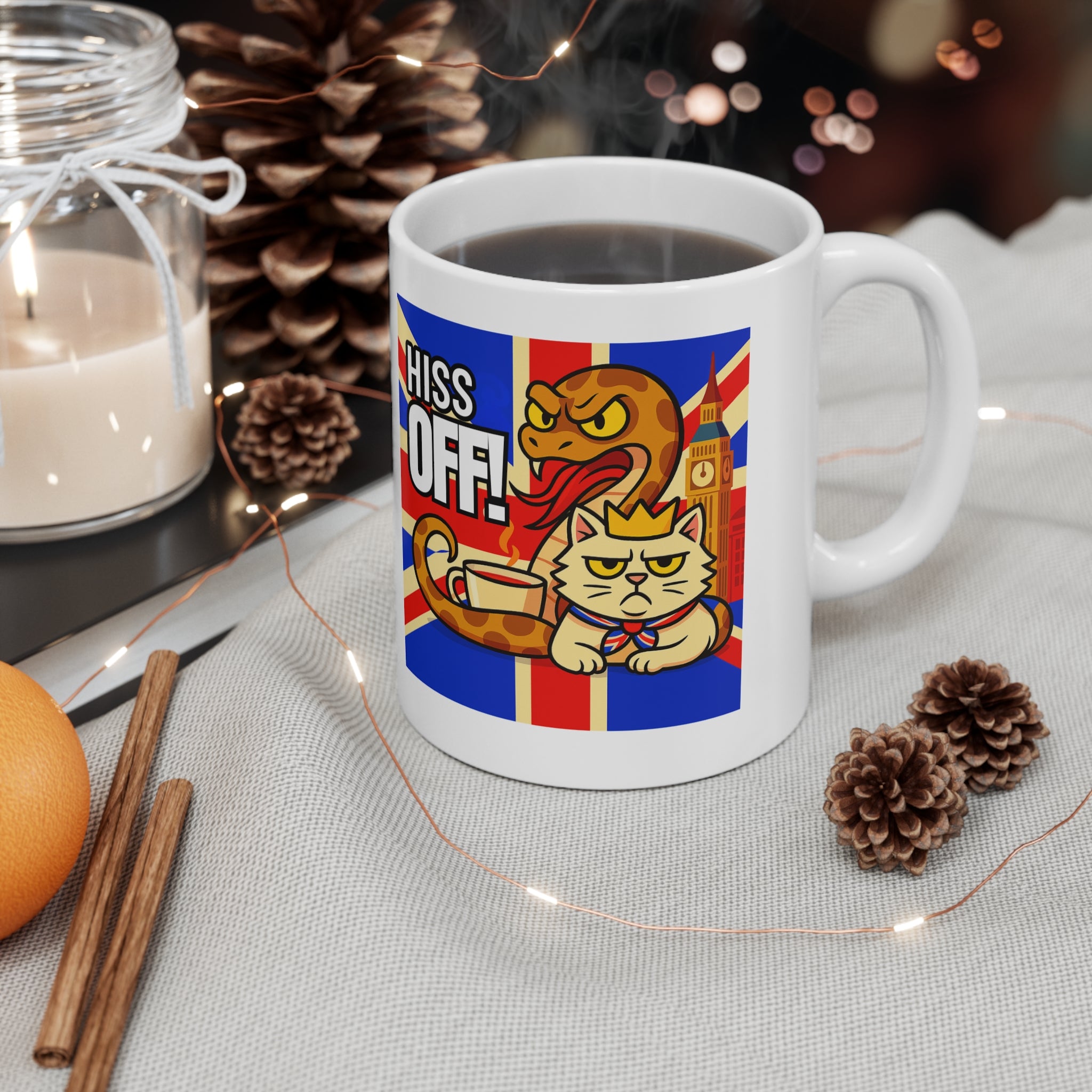 HISS OFF 11oz Mug | Funny British Snake Cat Cartoon | Union Jack Sassy Animal Gift | Snarky UK Humor Coffee Cup | Tea Lover Present