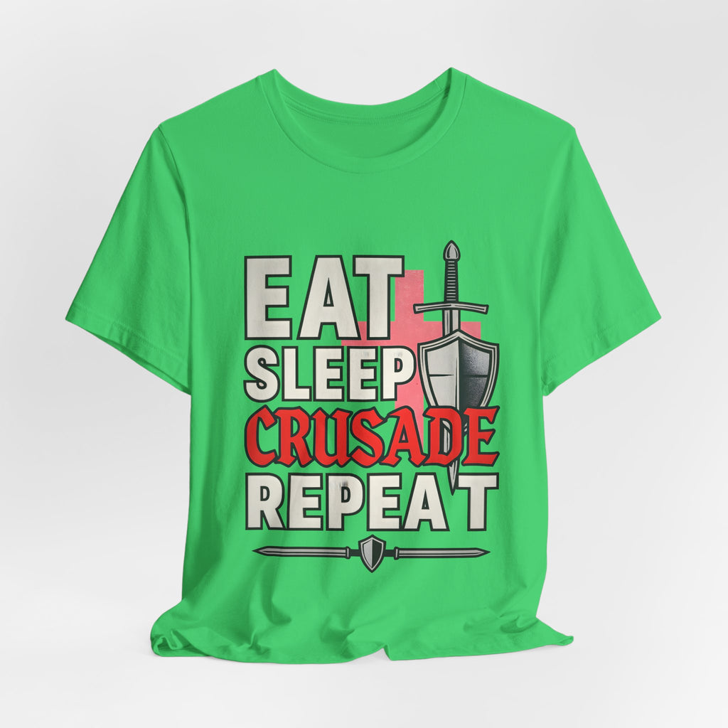 Eat Sleep Crusade Repeat T-Shirt | UK Patriot Medieval Sword & Shield Design | English National Pride Tee