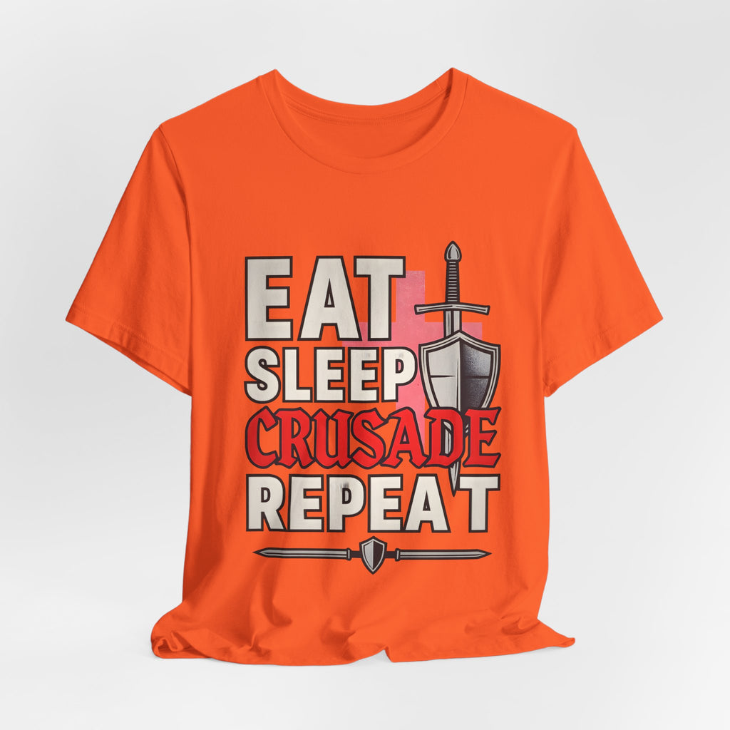 Eat Sleep Crusade Repeat T-Shirt | UK Patriot Medieval Sword & Shield Design | English National Pride Tee