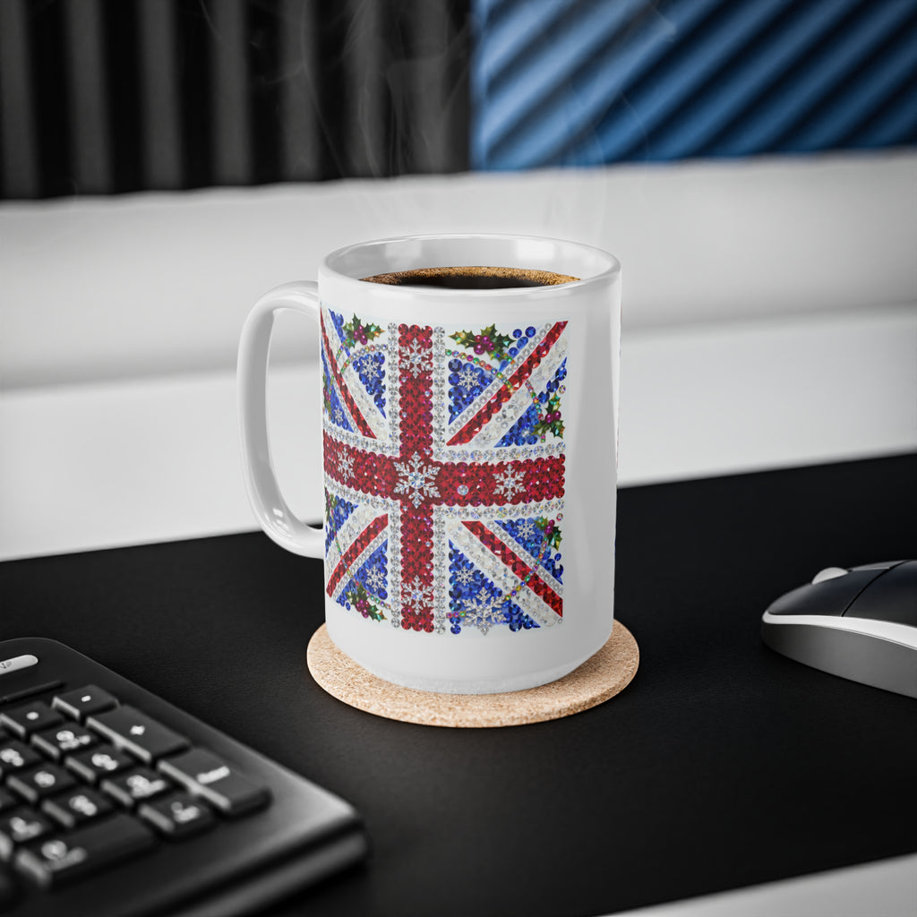 Jewelled Union Jack Christmas mug with gemstone-style flag and holly, photo 11