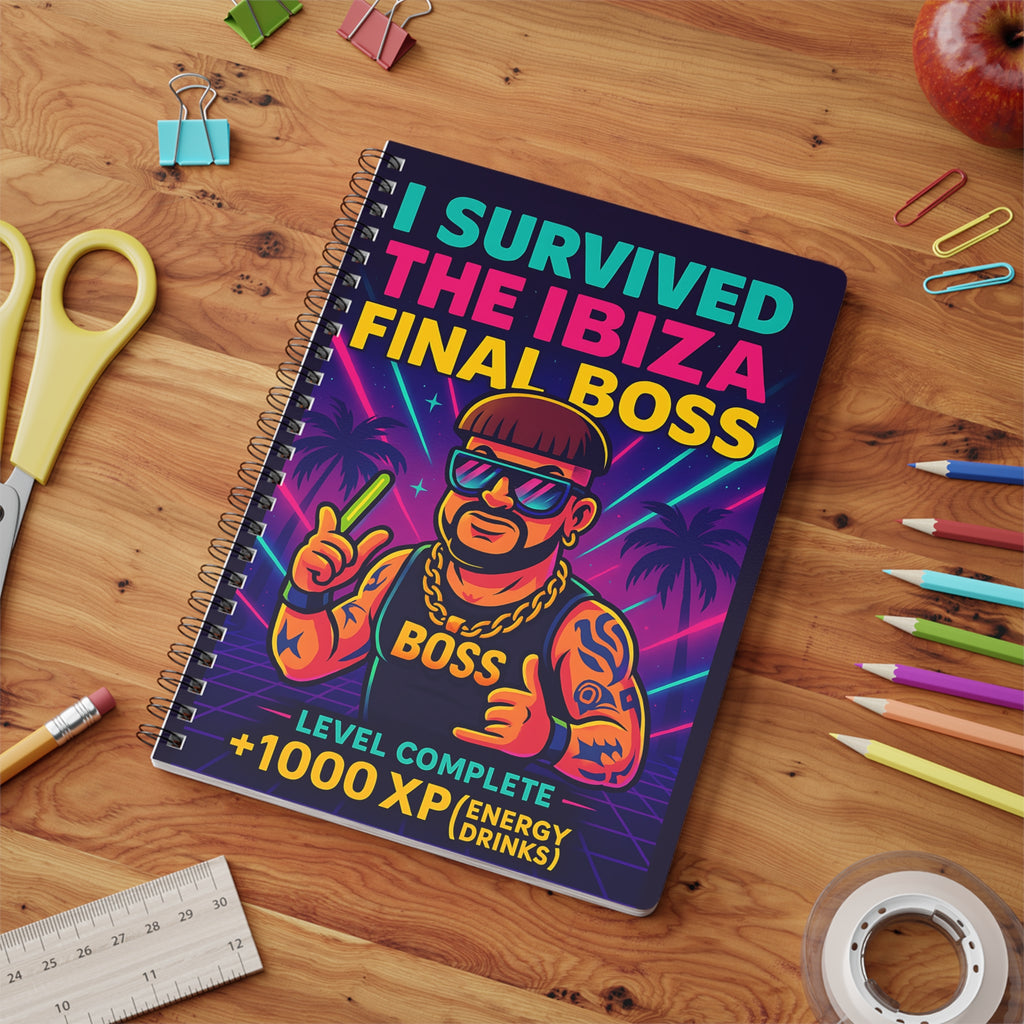 I Survived the Ibiza Final Boss Journal | Funny UK Summer Meme Notebook | British Rave Party Gift | A5 Neon Festival Uni Stationery